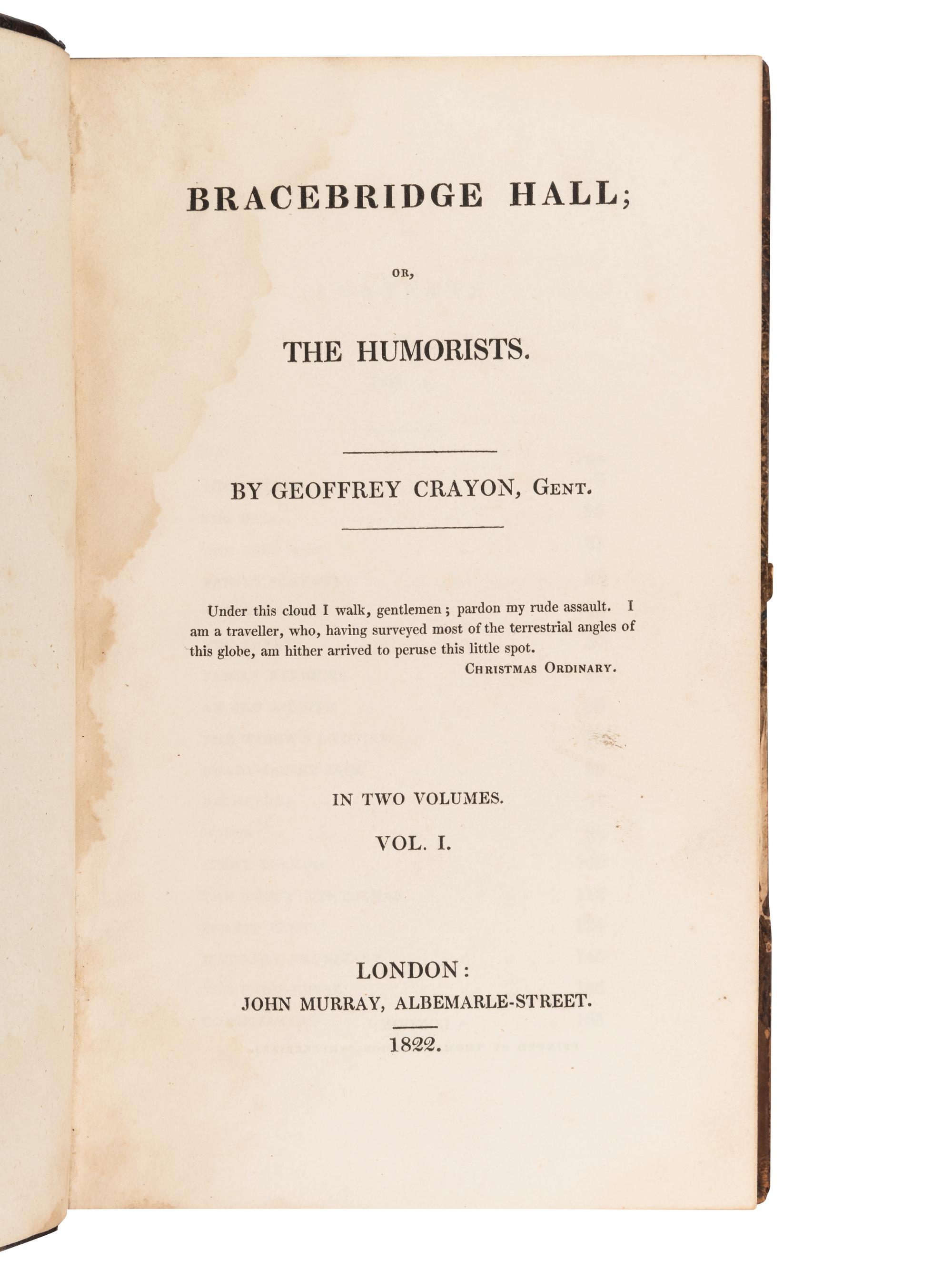 IRVING, Washington (1783-1859). Bracebridge Hall . London: John Murray, 1822.