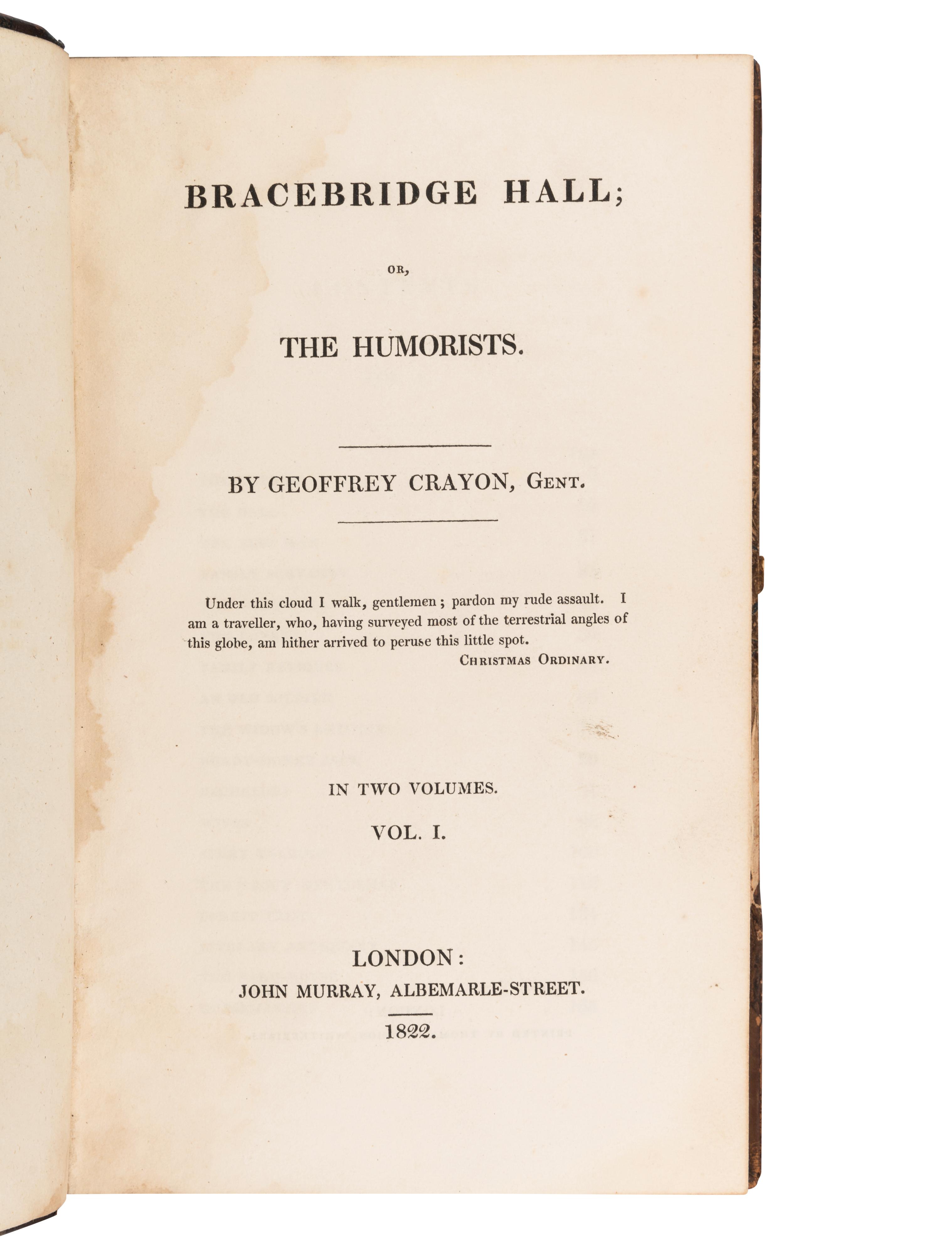 IRVING, Washington (1783-1859). Bracebridge Hall . London: John Murray, 1822.