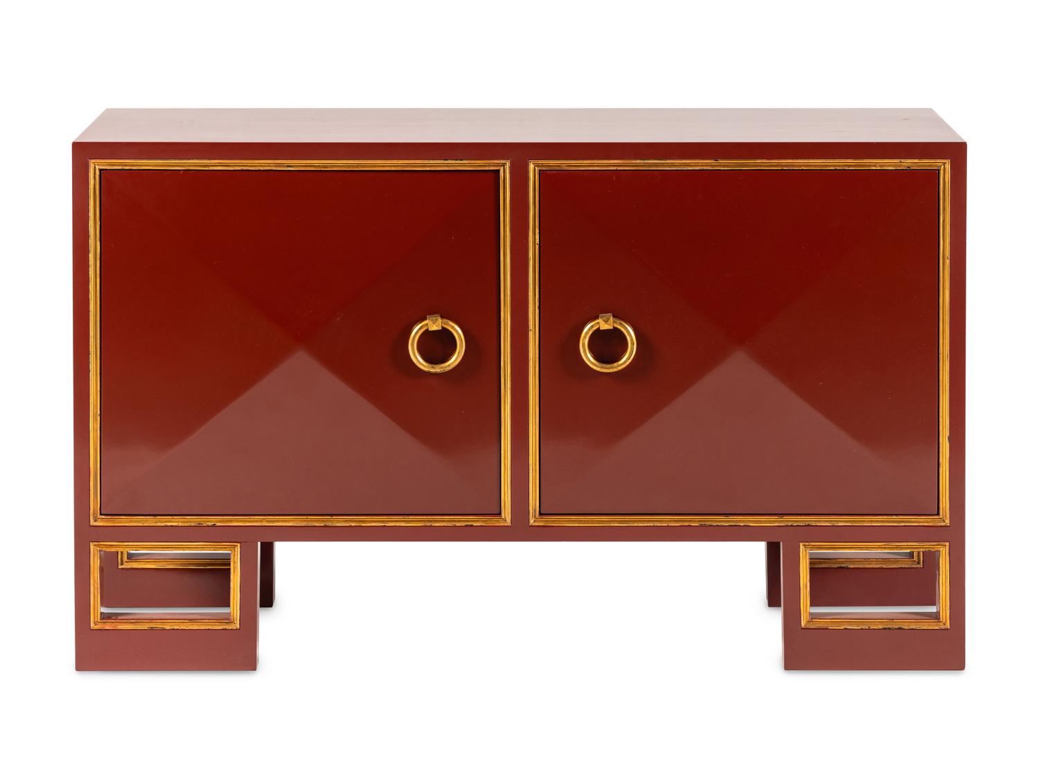A Custom Red Lacquer and Parcel Gilt Saint Regis Cabinet