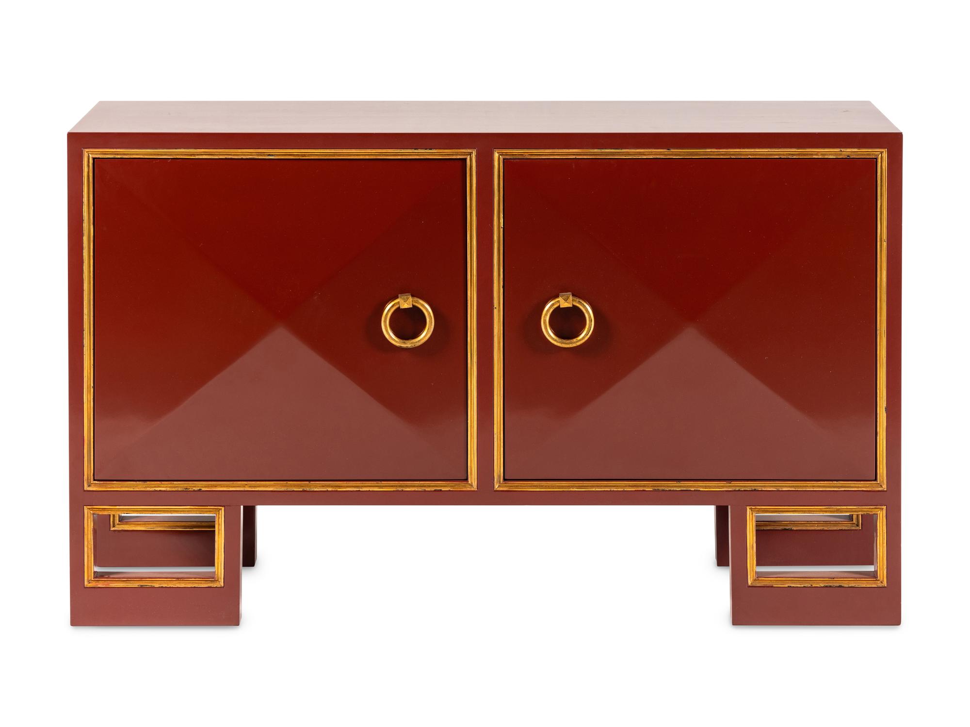 A Custom Red Lacquer and Parcel Gilt Saint Regis Cabinet