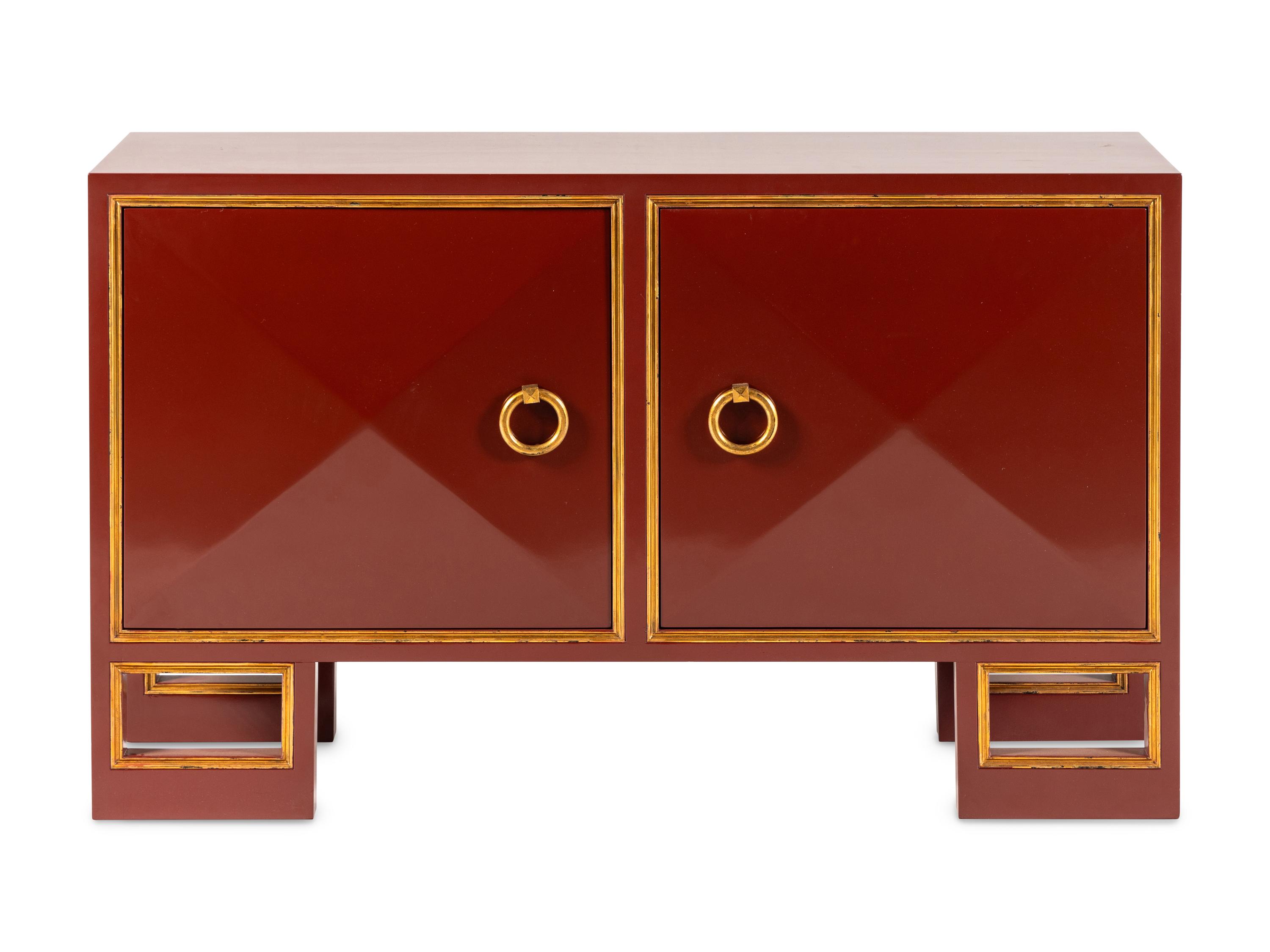 A Custom Red Lacquer and Parcel Gilt Saint Regis Cabinet