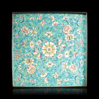 A Chinese Canton Enamel Square Tray, Late Qing Dynasty — 清晚期 松石綠地西番蓮紋銅胎畫琺琅方盤