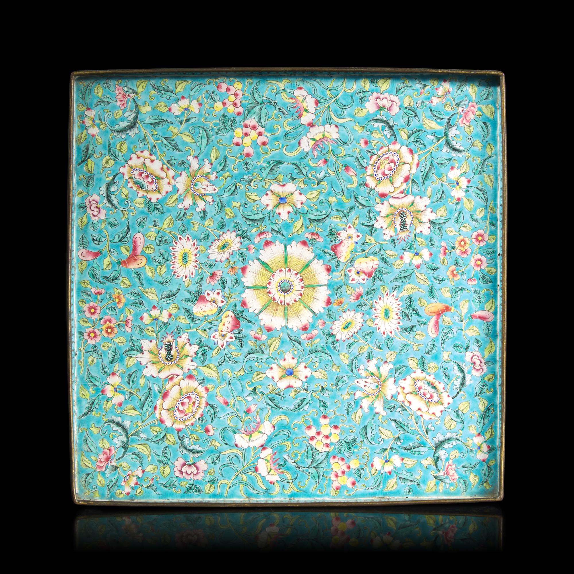 A Chinese Canton Enamel Square Tray, Late Qing Dynasty — 清晚期 松石綠地西番蓮紋銅胎畫琺琅方盤