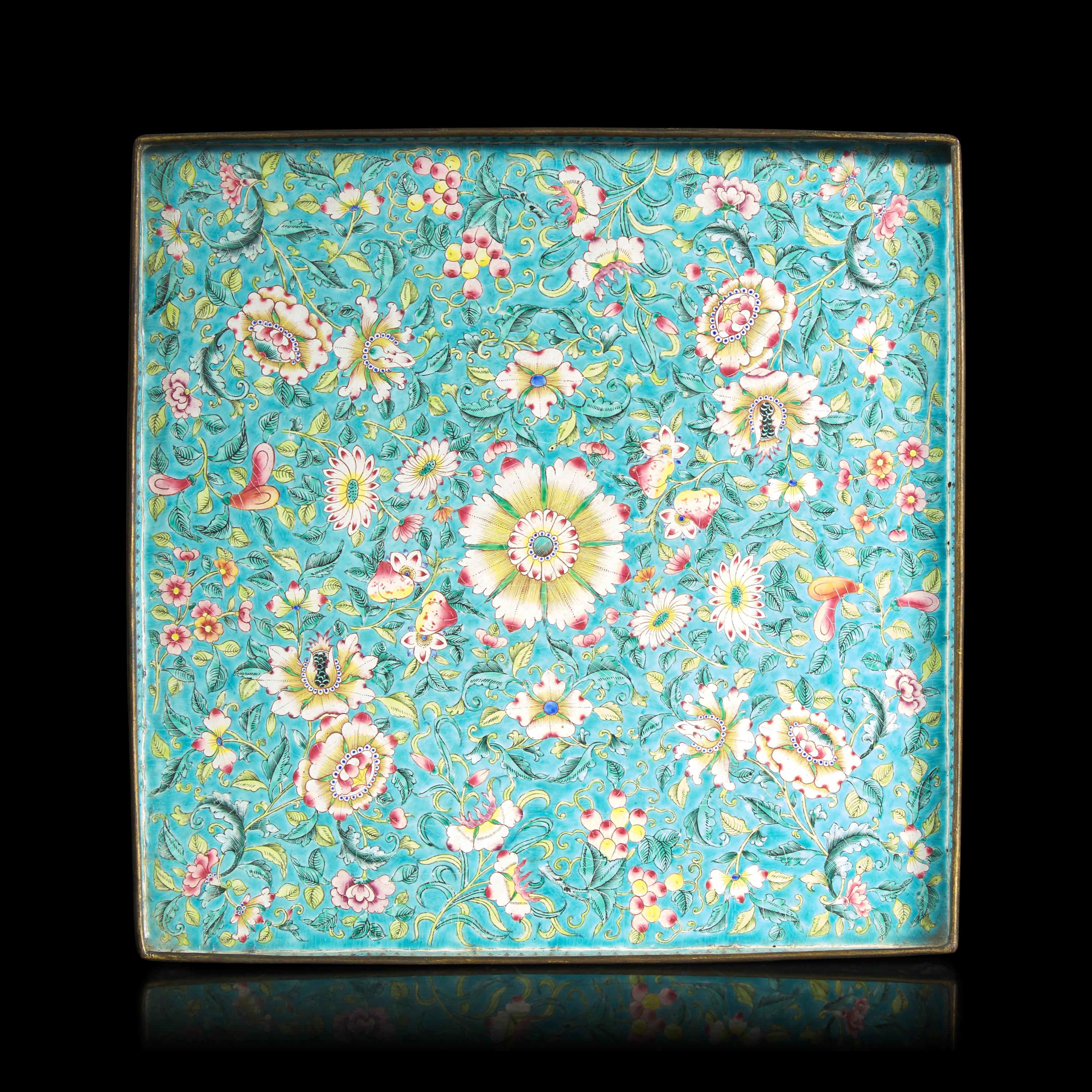 A Chinese Canton Enamel Square Tray, Late Qing Dynasty — 清晚期 松石綠地西番蓮紋銅胎畫琺琅方盤
