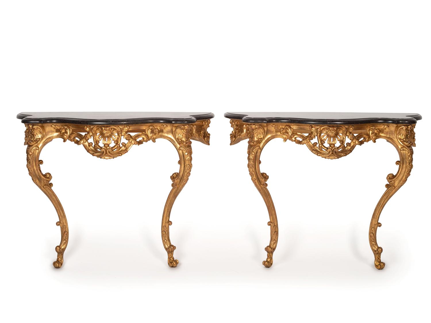 A Pair of Rococo Style Giltwood Marble Top Console Tables