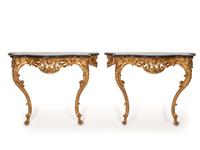 A Pair of Rococo Style Giltwood Marble Top Console Tables
