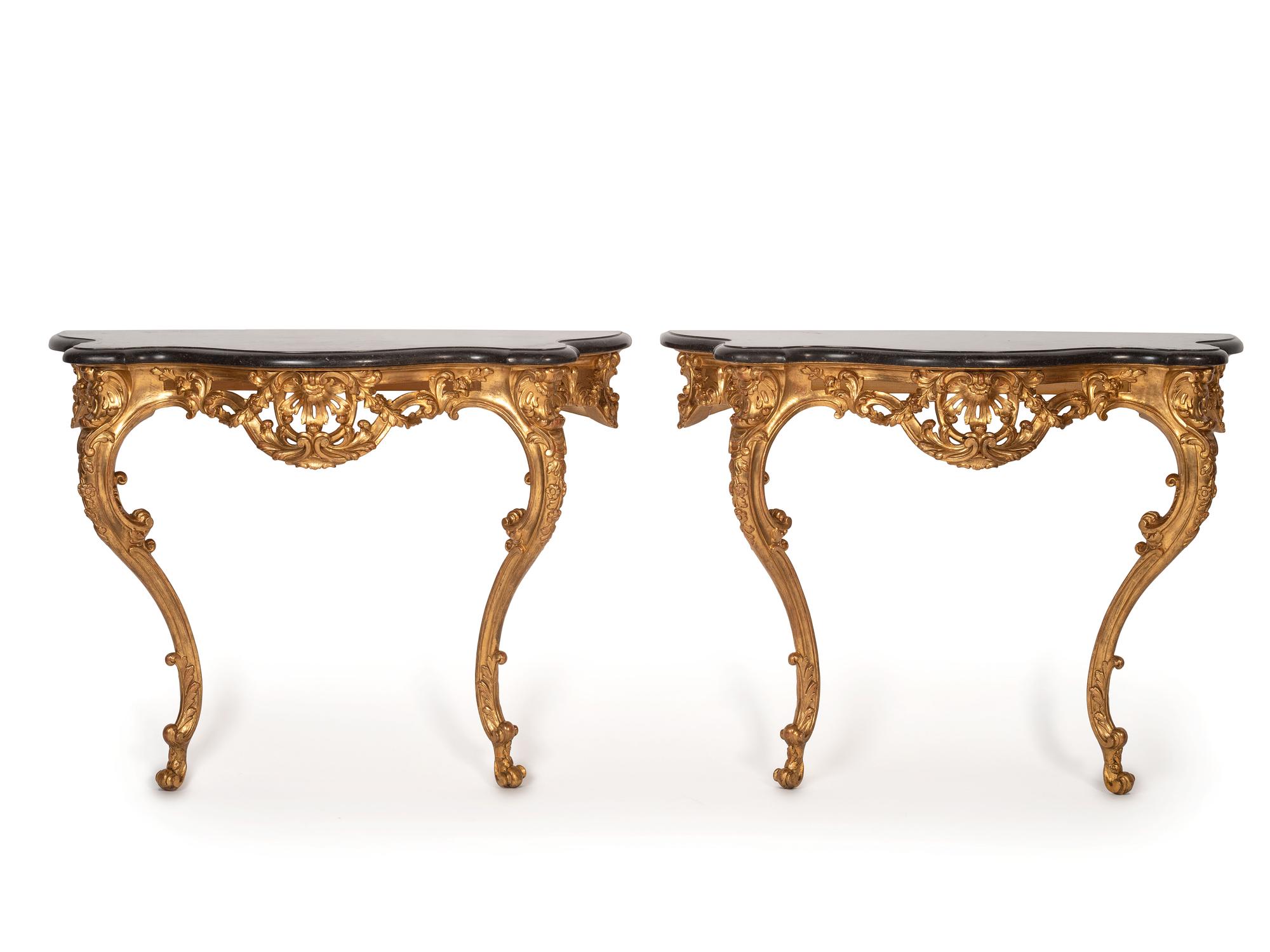 A Pair of Rococo Style Giltwood Marble Top Console Tables