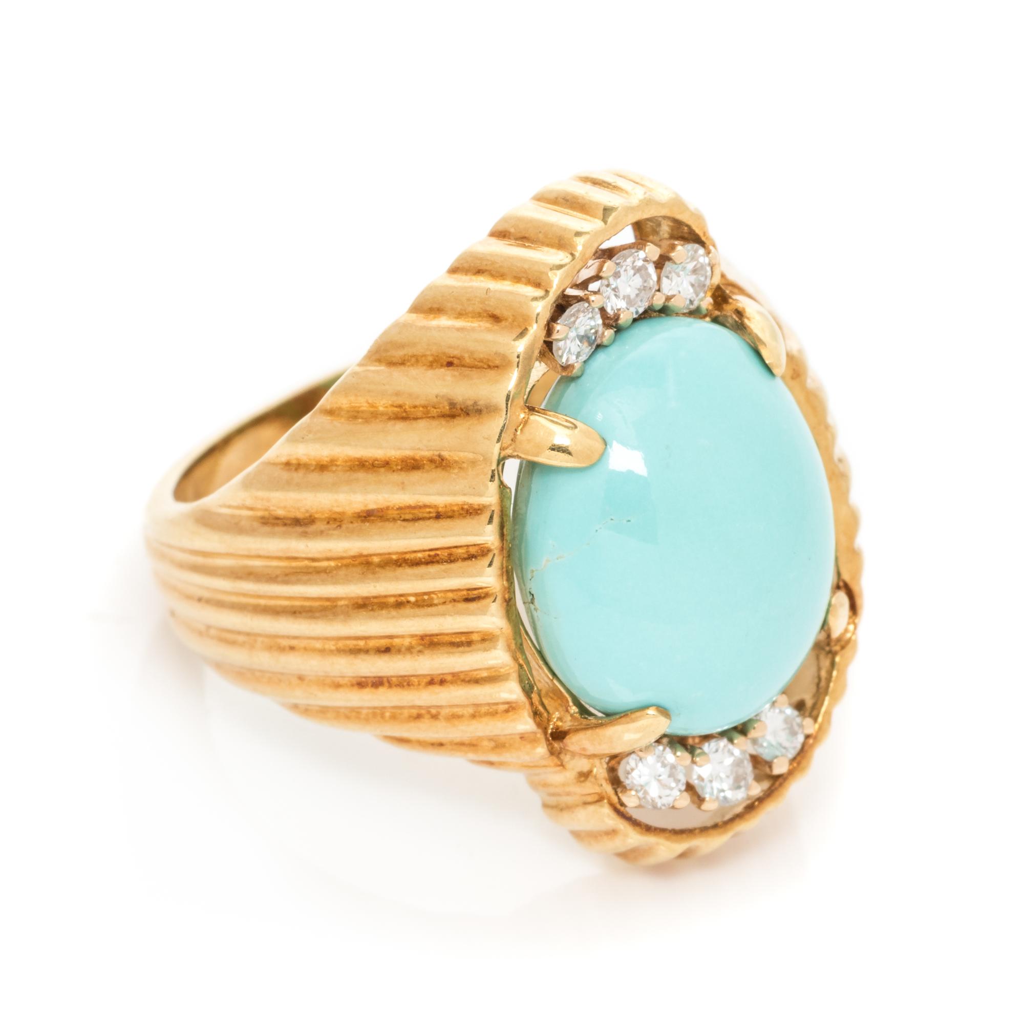 A 14 Karat Yellow Gold, Turquoise and Diamond Ring, 7.70 dwts.