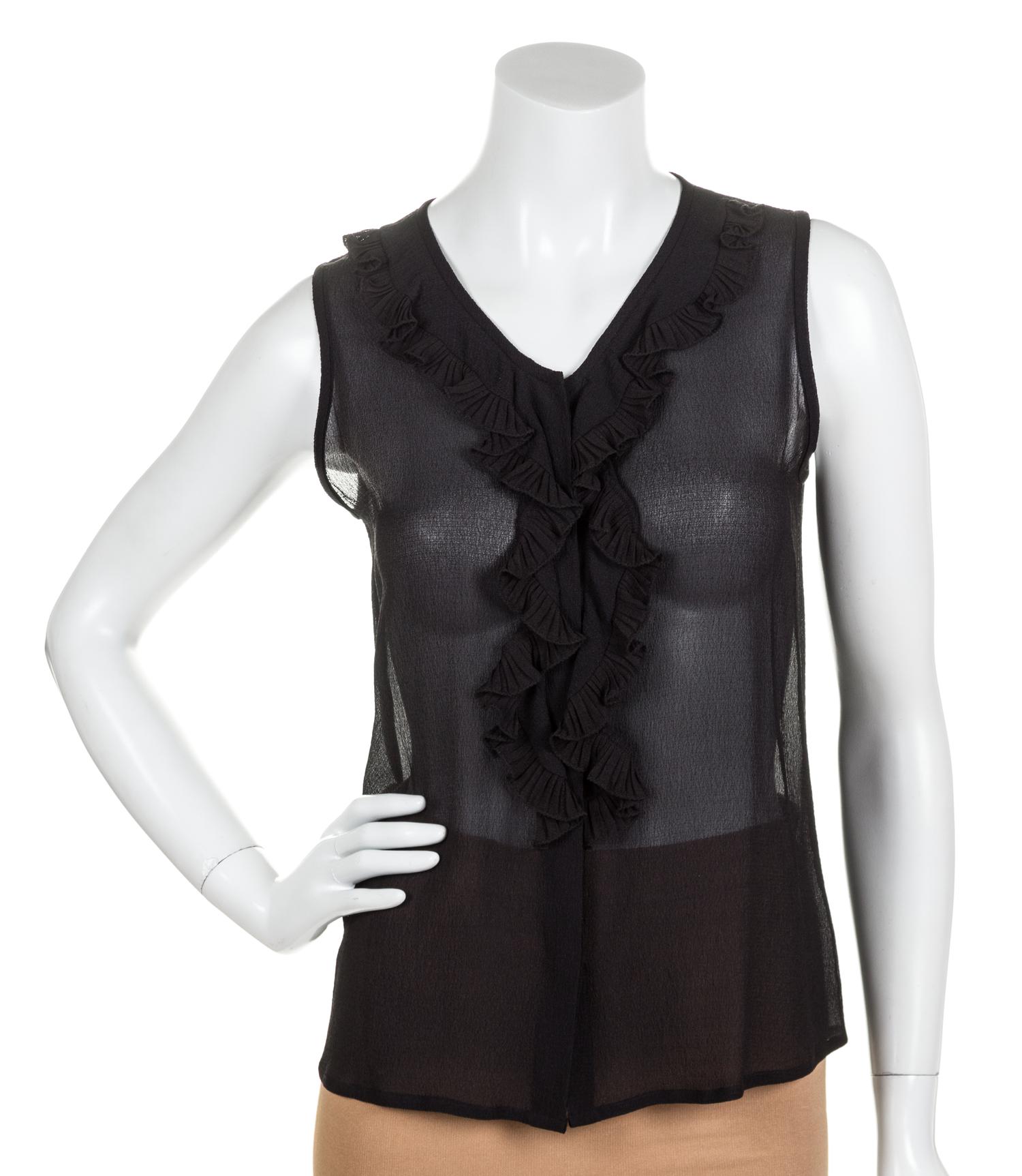A Pair of Oscar de la Renta Silk Sleeveless Blouses, Size 4 (daffodil) and size 6 (black).