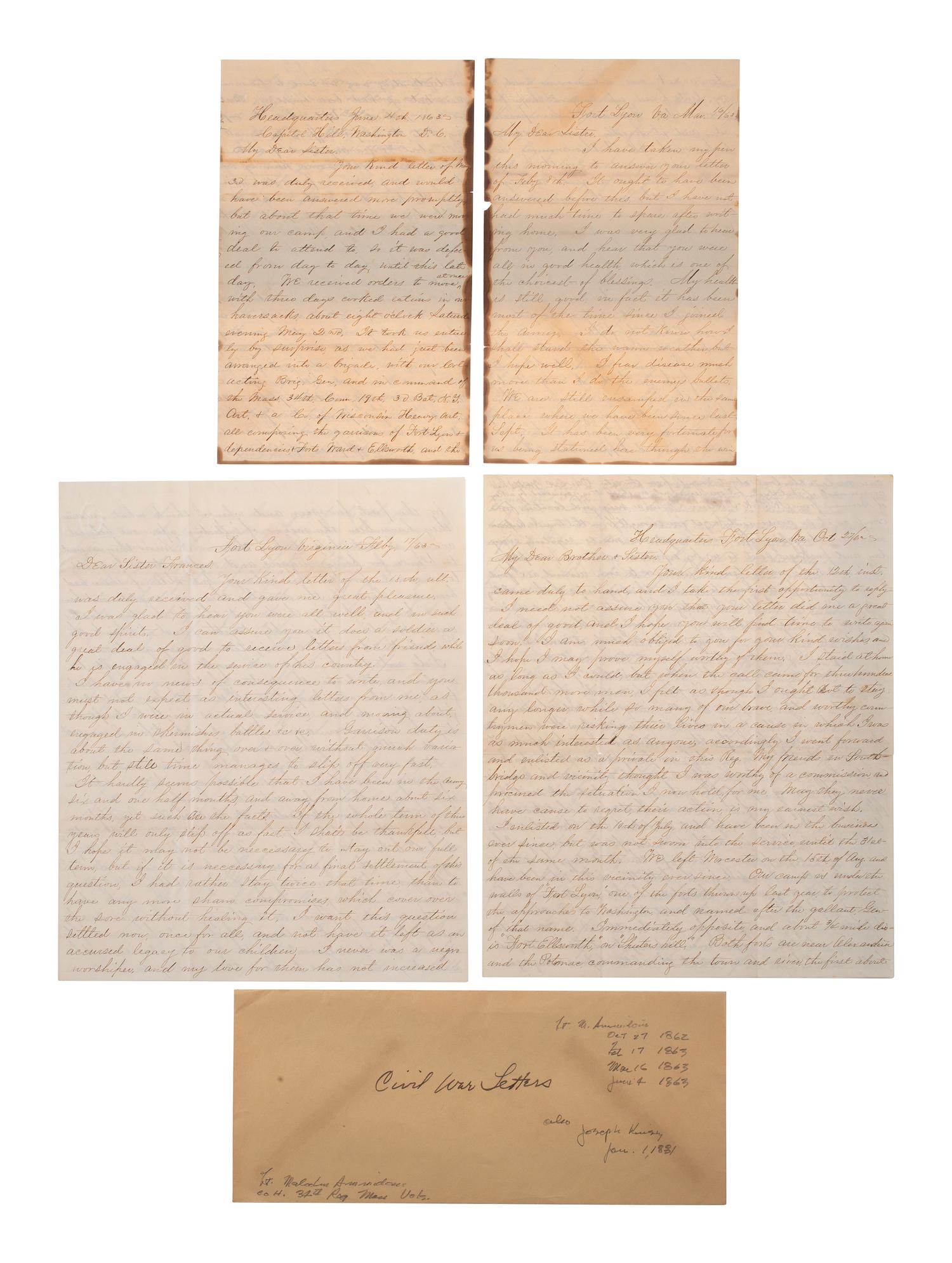 [CIVIL WAR]. A group of 4 letters written by Lieutenant Malcom Ammidon, Companies H & C, 34th Massachusetts, with Lincoln and slavery content.