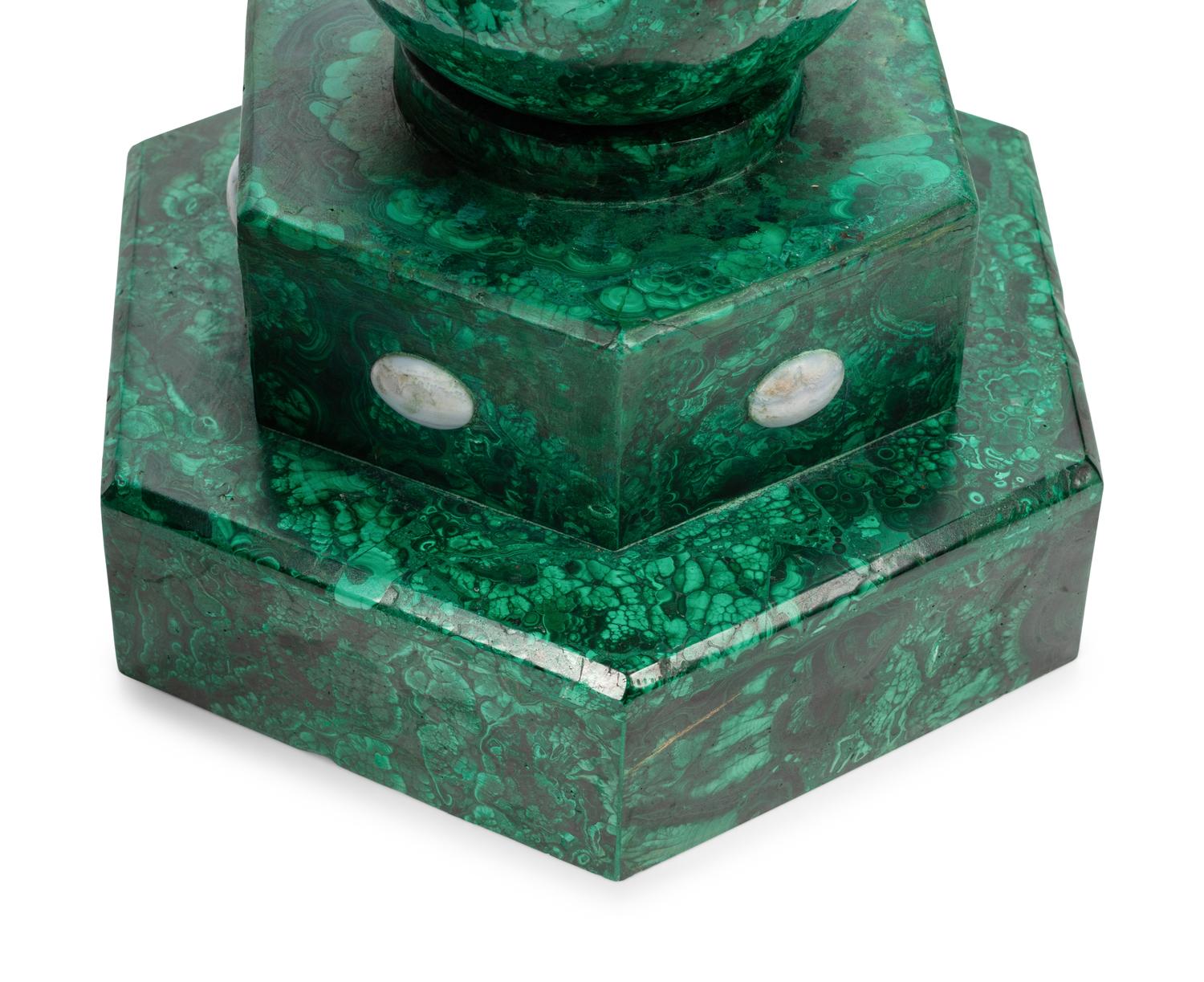 A Pair of Jasperware Medallion-Mounted Malachite Veneered Vases