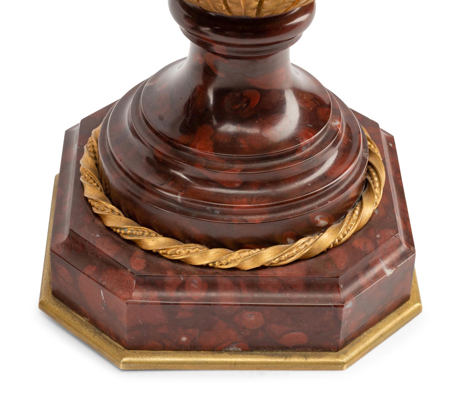 A Pair of Gilt Bronze Mounted Rouge Griotte Marble Urns