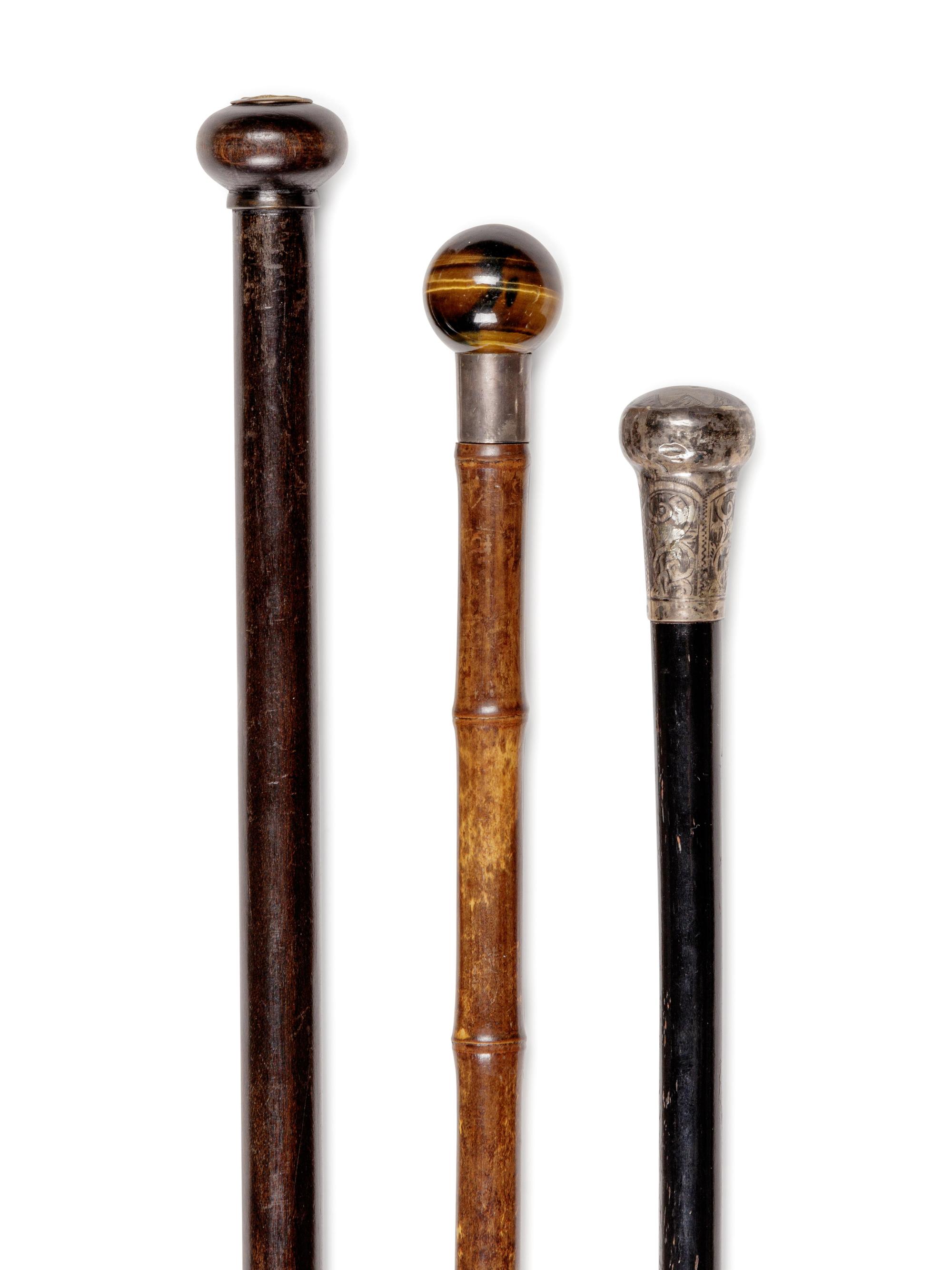 Two English Silver-Mounted Thermometer System Walking Sticks