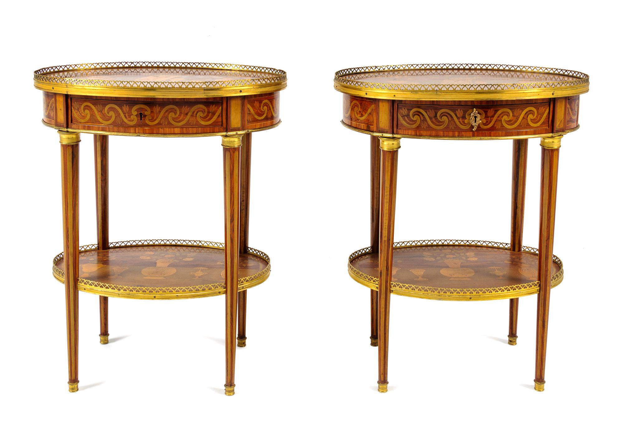 A Pair of Continental Gilt Metal Mounted Marquetry Side Tables