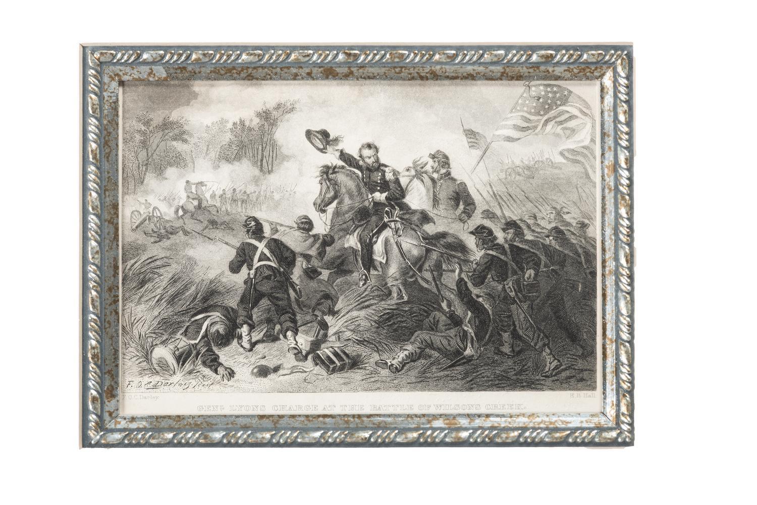 [CIVIL WAR]. A group of Confederate buttons and Union hat insignia framed with engraving, comprising: