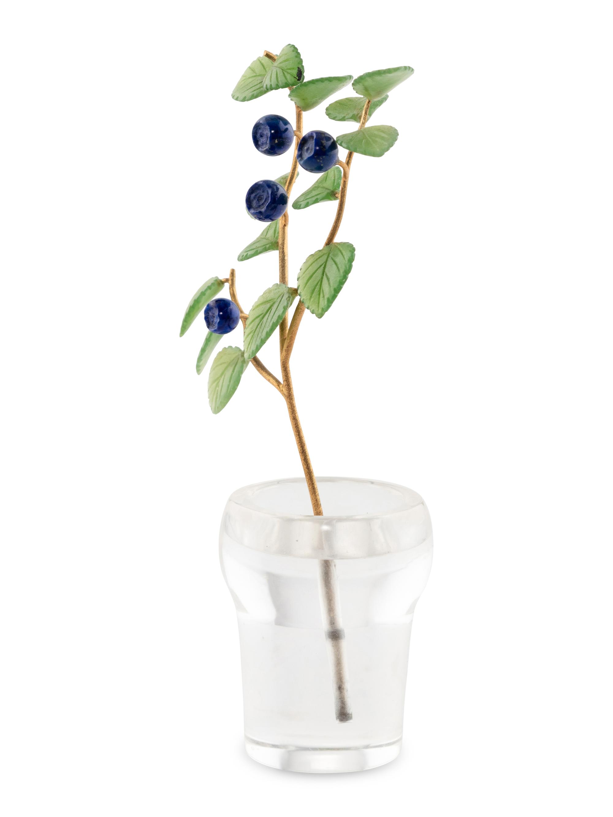 A Carved Rock Crystal, Nephrite, Lapis and 18-Karat Gold Blueberry Plant Study