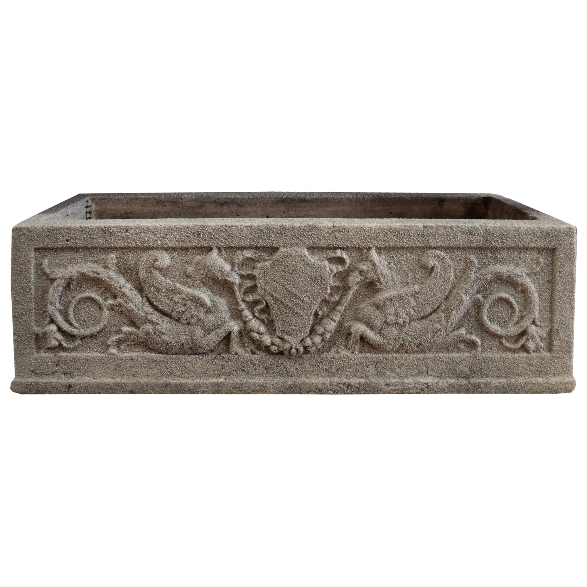 A Cast Stone Planter with Vine Decoration 36" W x 11.5" D x 11" H — United States, Early 20th Century