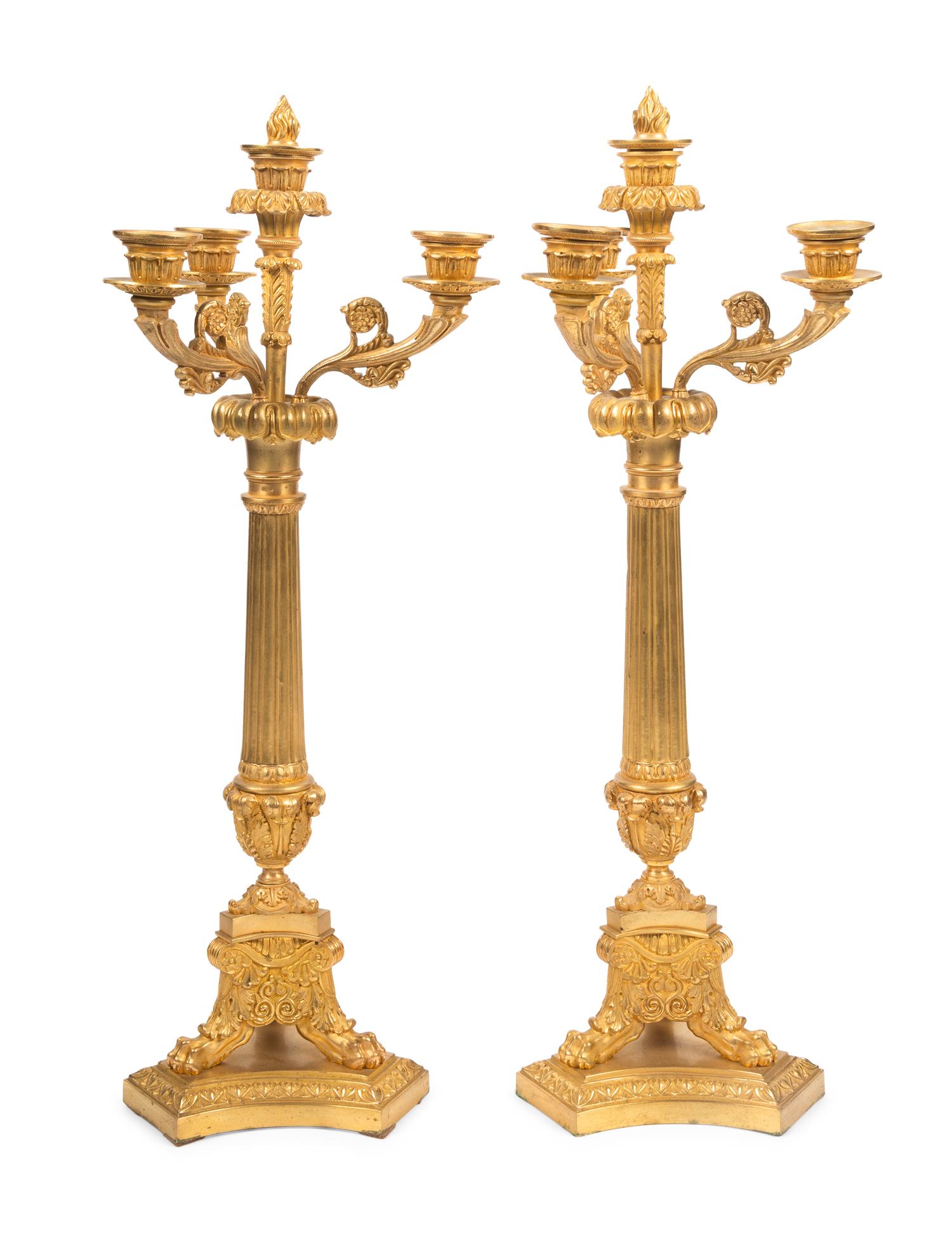 A Pair of Charles X Style Gilt Bronze Three-Light Candelabra