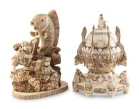 Two Japanese Bone Veneered Okimono