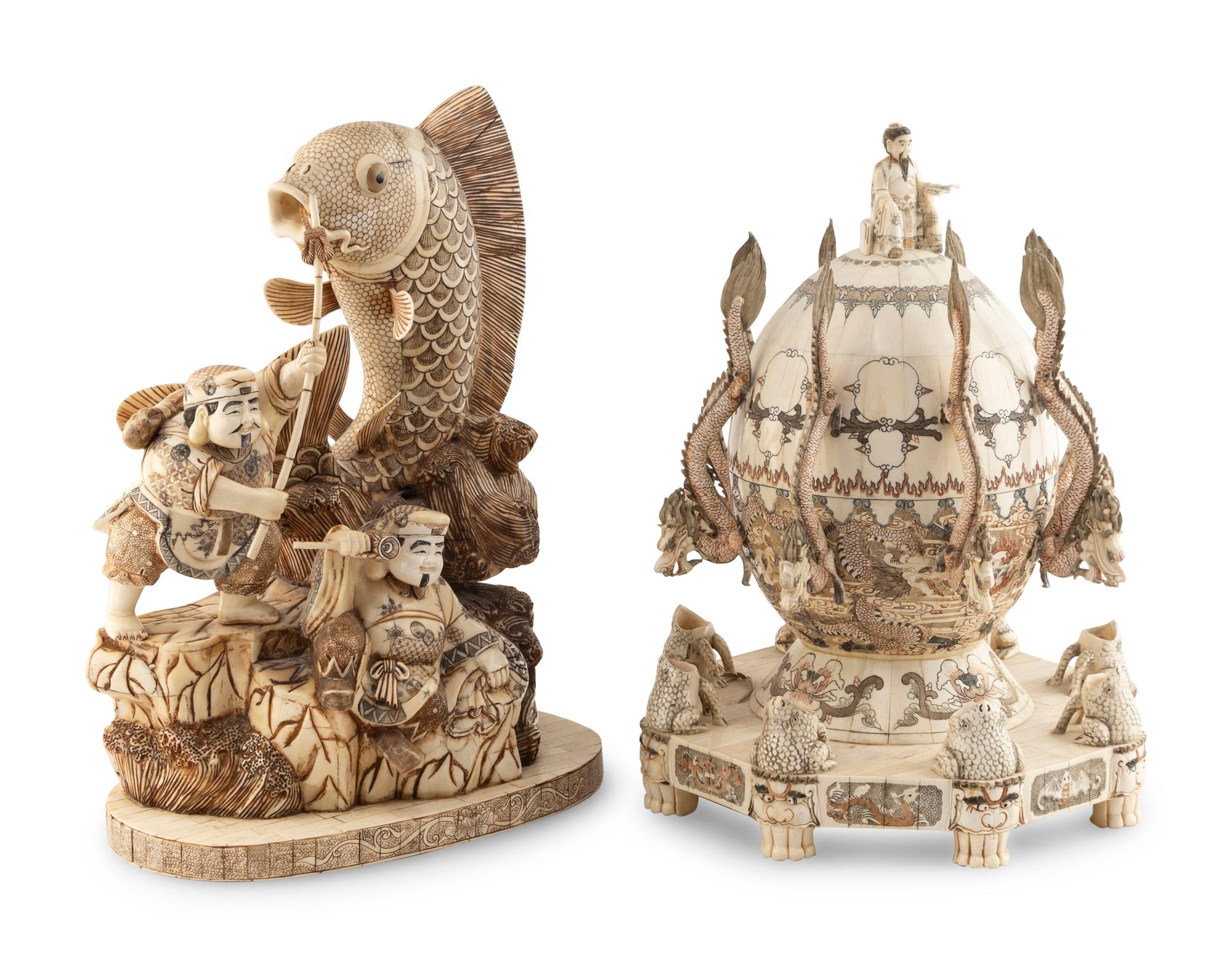 Two Japanese Bone Veneered Okimono
