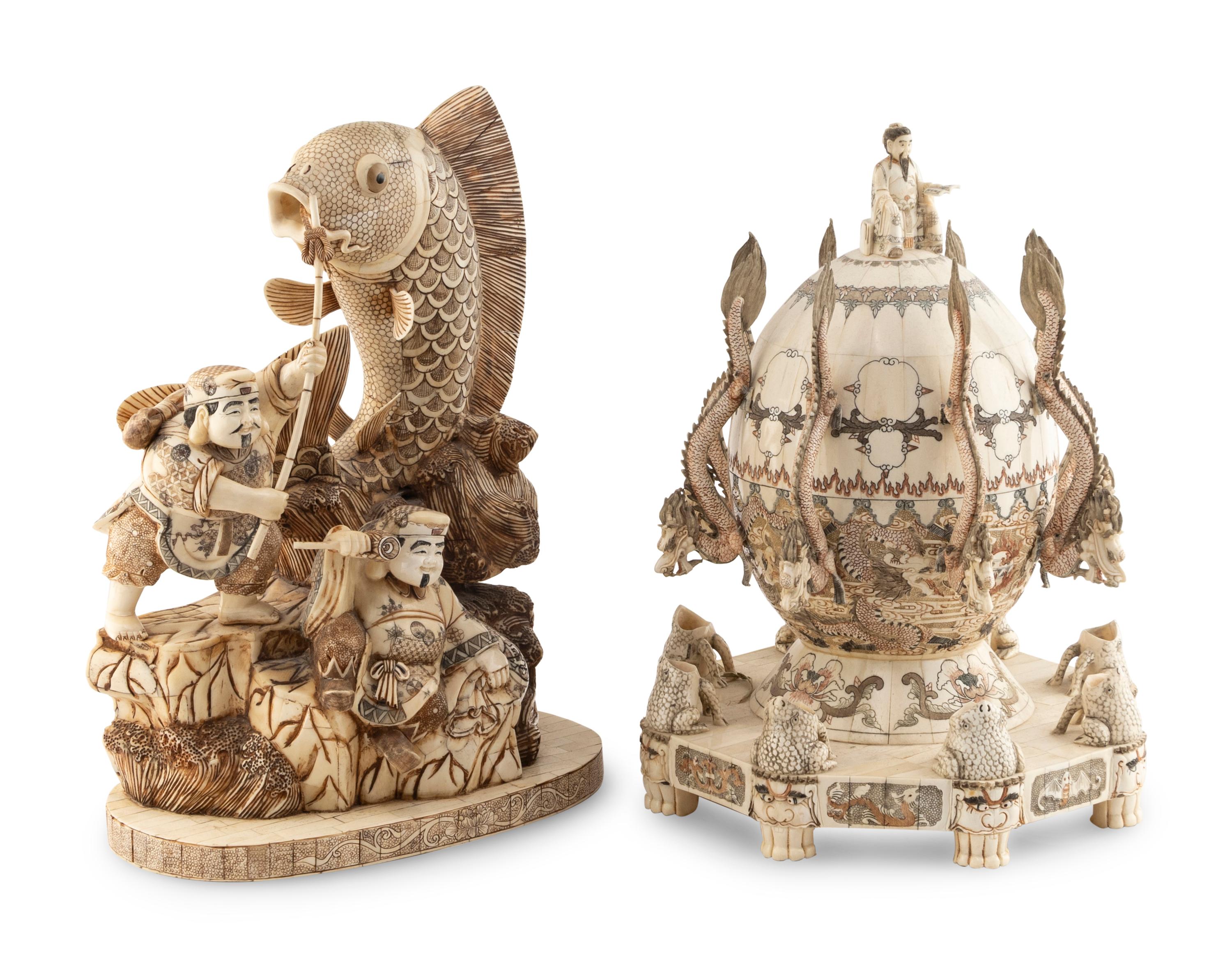 Two Japanese Bone Veneered Okimono