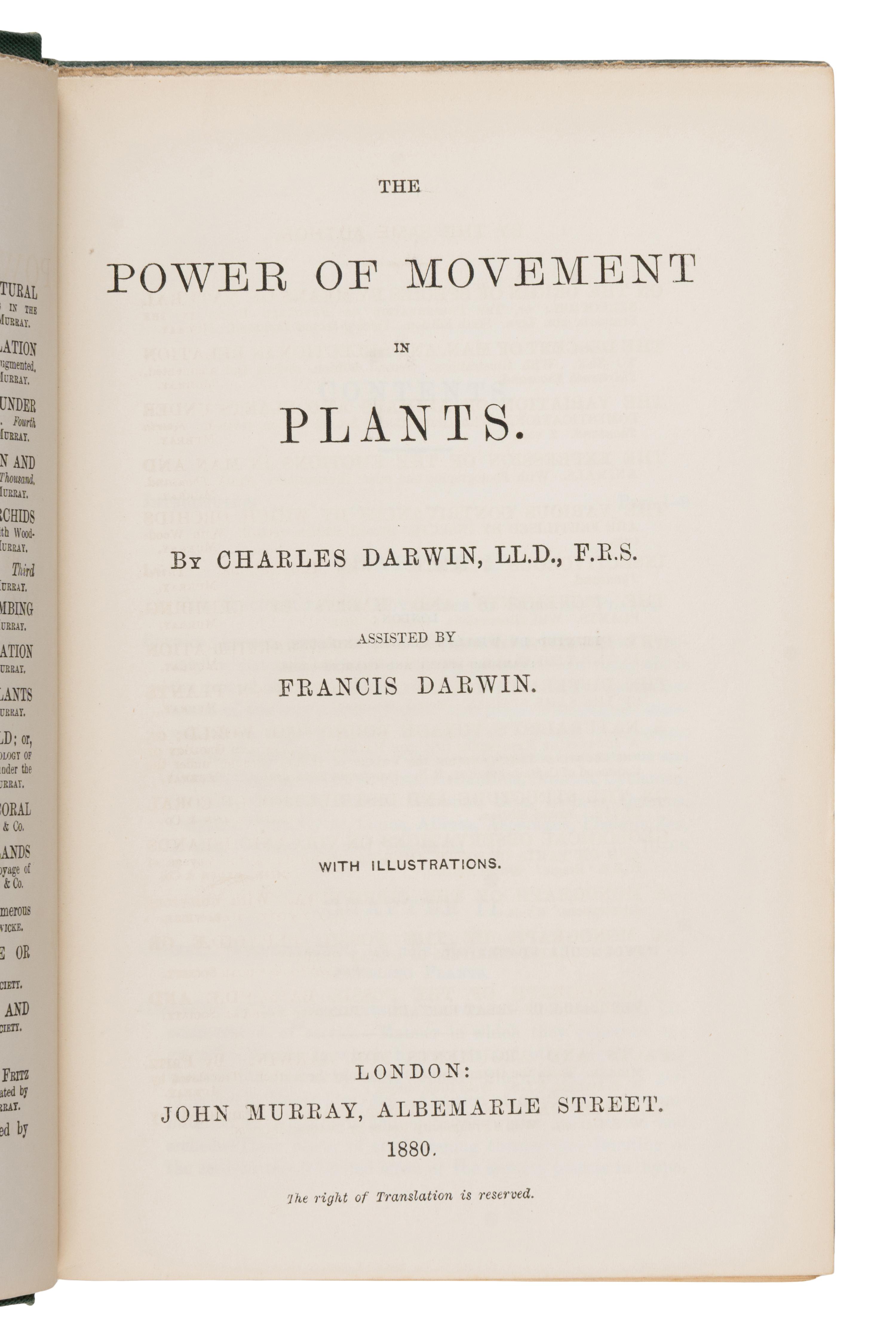 Darwin, Charles (1809-1882). The Power of Movement in Plants . London: John Murray, 1880.