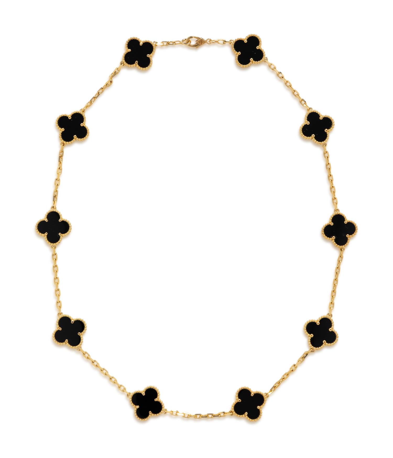 VAN CLEEF & ARPELS, YELLOW GOLD AND ONYX 'ALHAMBRA' NECKLACE