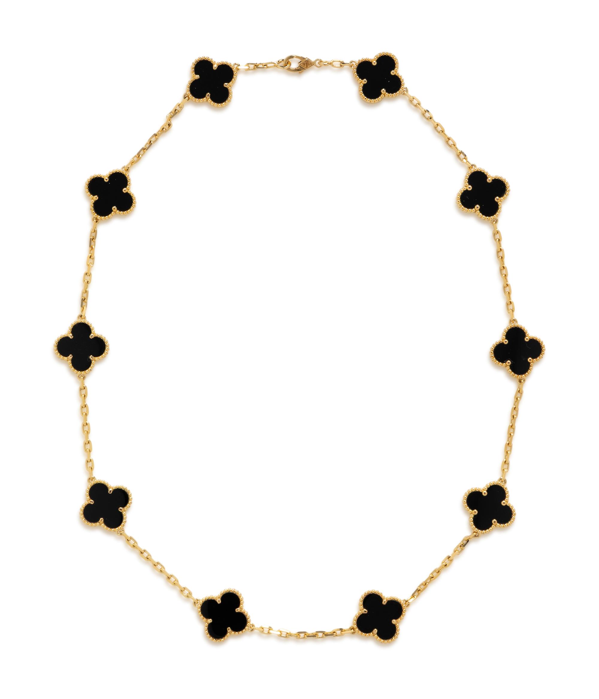 VAN CLEEF & ARPELS, YELLOW GOLD AND ONYX 'ALHAMBRA' NECKLACE