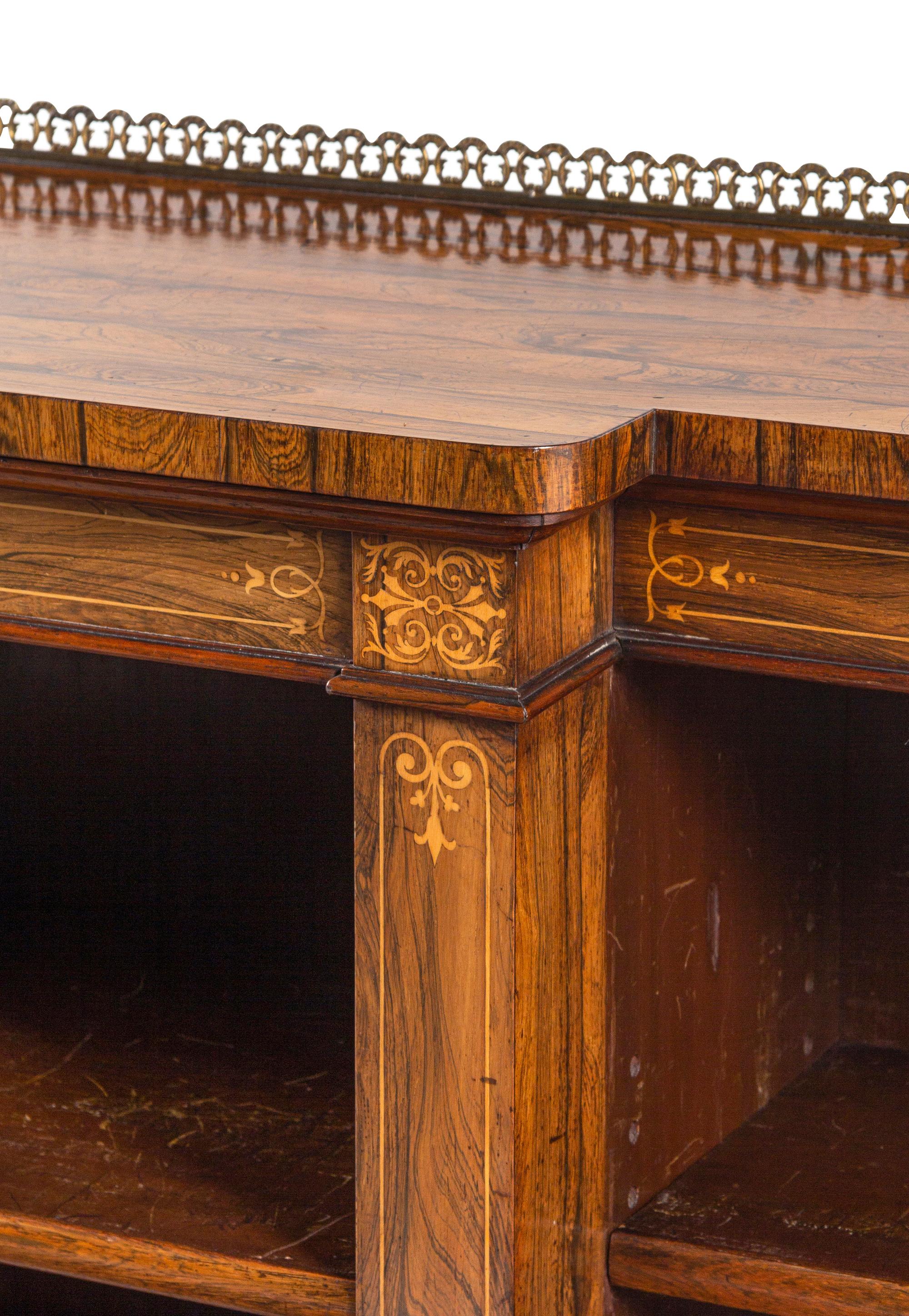A Regency Indian Rosewood and Fruitwood Marquetry Breakfront Bookcase