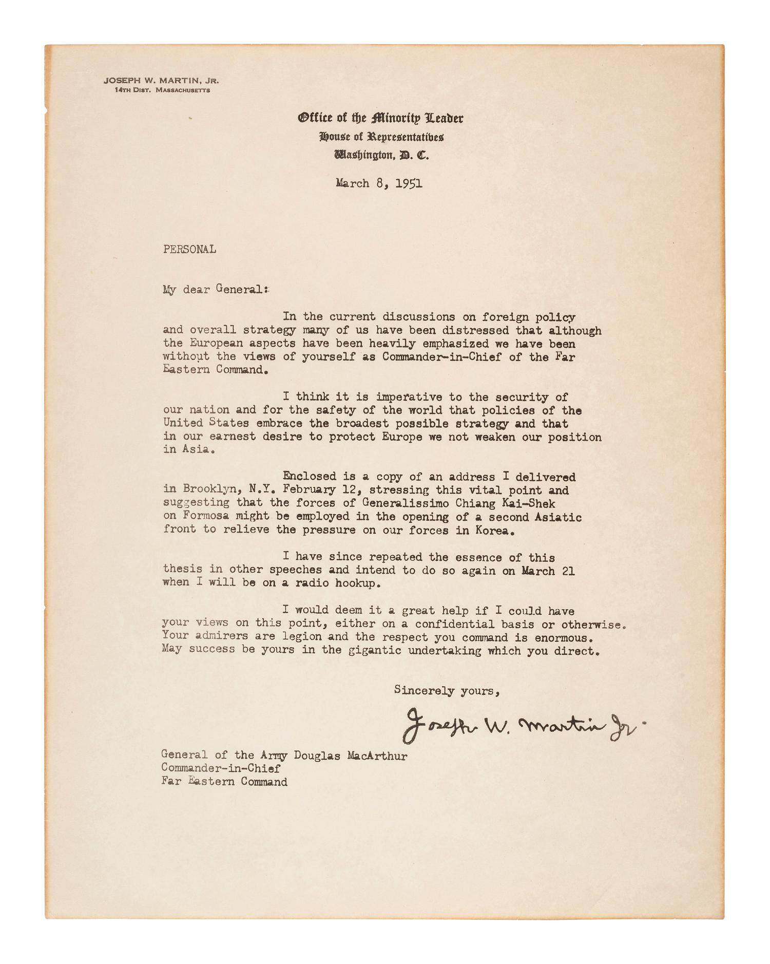 [POLITICS]. MARTIN, Joseph W. (1884-1968). Typed copy letter, as House Minority Leader, to General Douglas MacArthur. Washington, D.C., 8 March 1951.