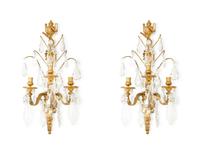 A Pair of Louis XVI Style Gilt Bronze and Cut Glass Three-Light Sconces