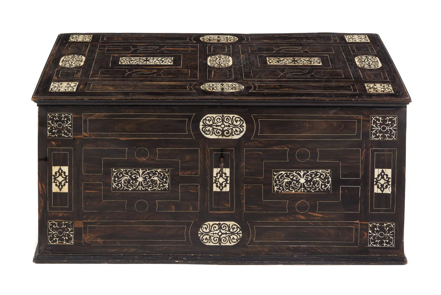 An Italian Inlaid Trunk Height 15 5/8 x width 34 x depth 19 3/4 inches. — 19TH CENTURY