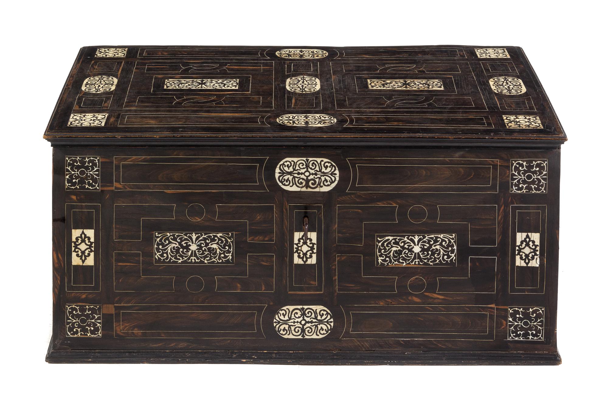 An Italian Inlaid Trunk Height 15 5/8 x width 34 x depth 19 3/4 inches. — 19TH CENTURY