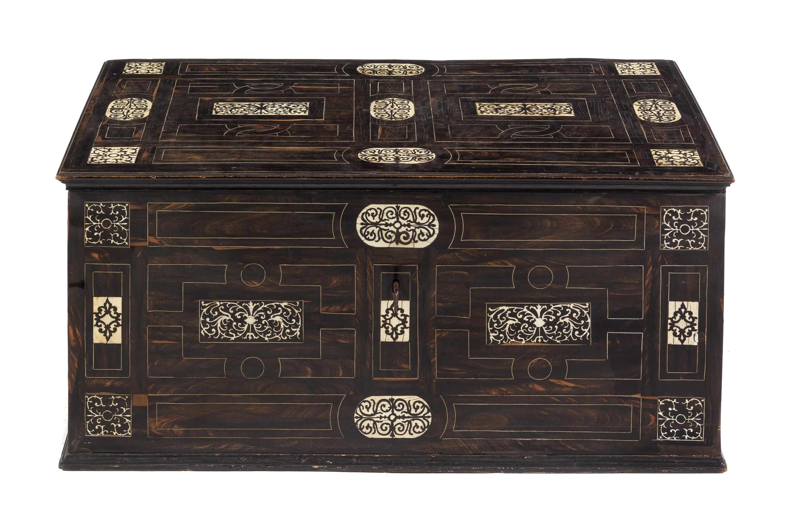 An Italian Inlaid Trunk Height 15 5/8 x width 34 x depth 19 3/4 inches. — 19TH CENTURY