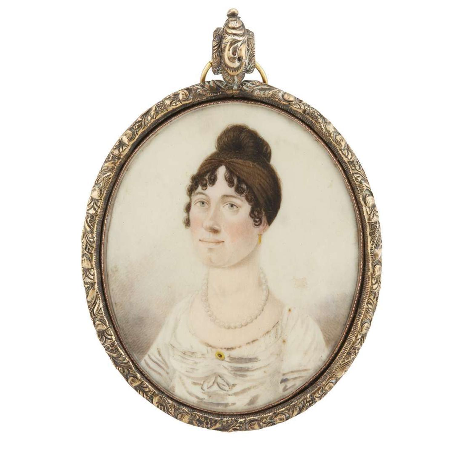 American School 19th century Portrait miniature of a lady in white dress, circa 1815