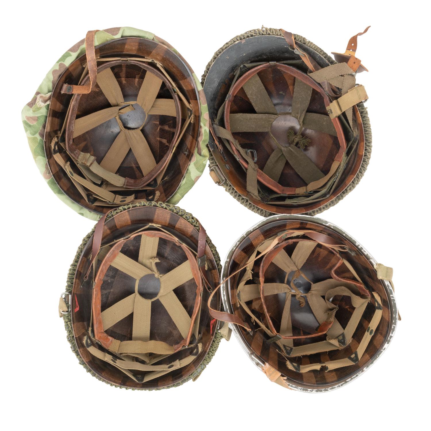 Four US M1 Helmets: (1) Fixed Bale Front Seam, (2) Swivel Bale Front Seam & (1) Swivel Bale Rear Seam