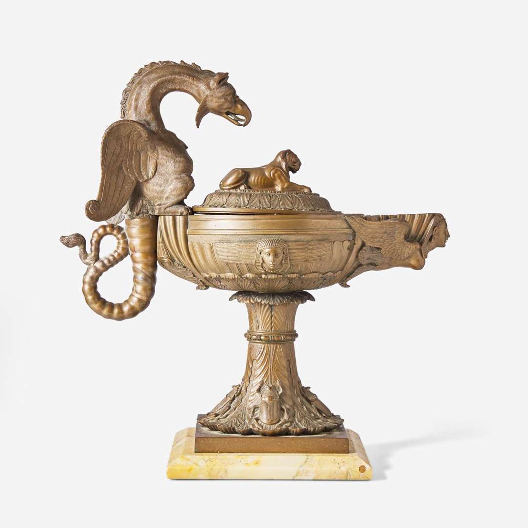 A Grand Tour Egyptian Revival bronze oil lamp on Giallo antico marble base Benedetto Boschetti (active c. 1820-1870), Rome, Italy, mid-19th century