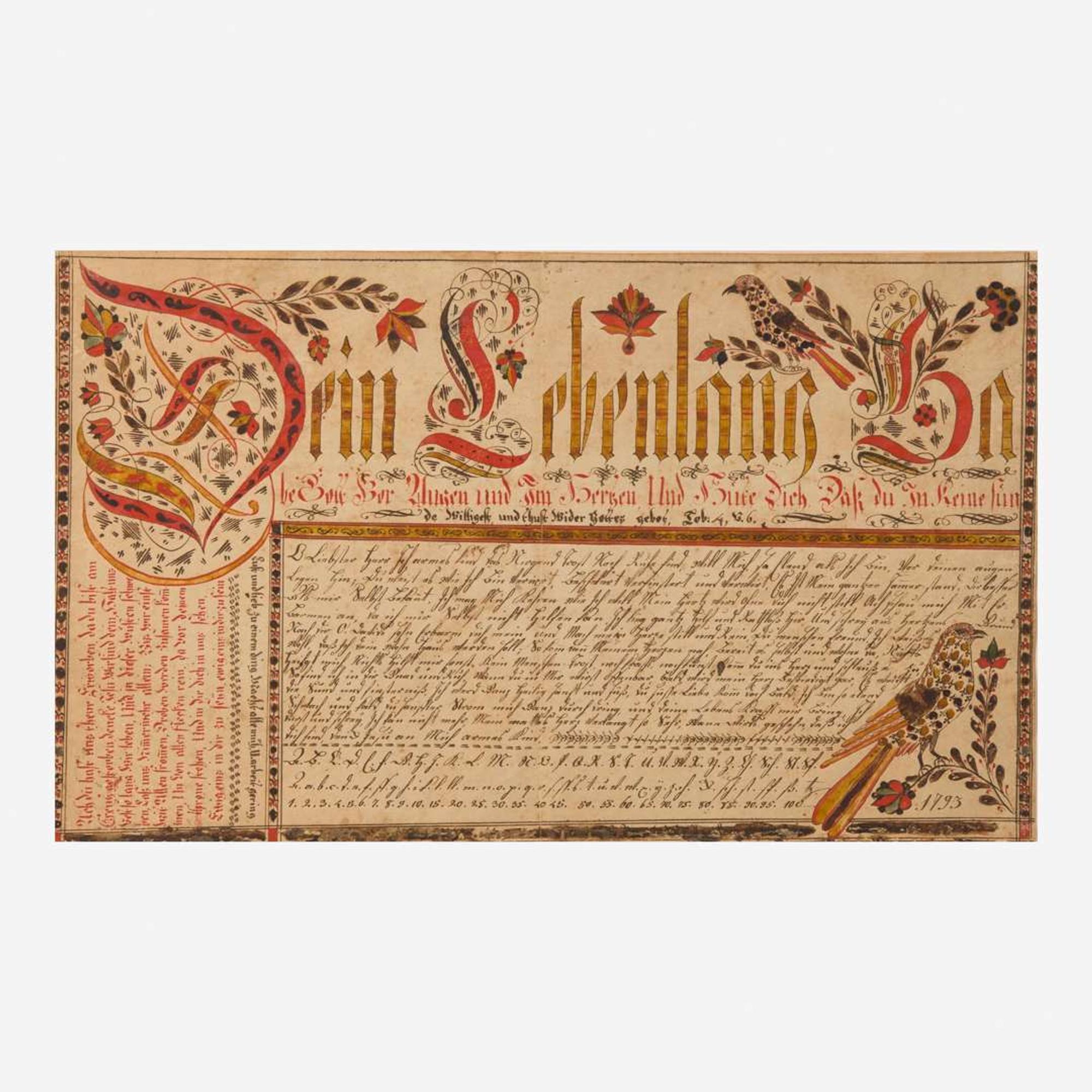 Johann Adam Eyer (1755-1837) A Fraktur Vorschrift, dated "1793"