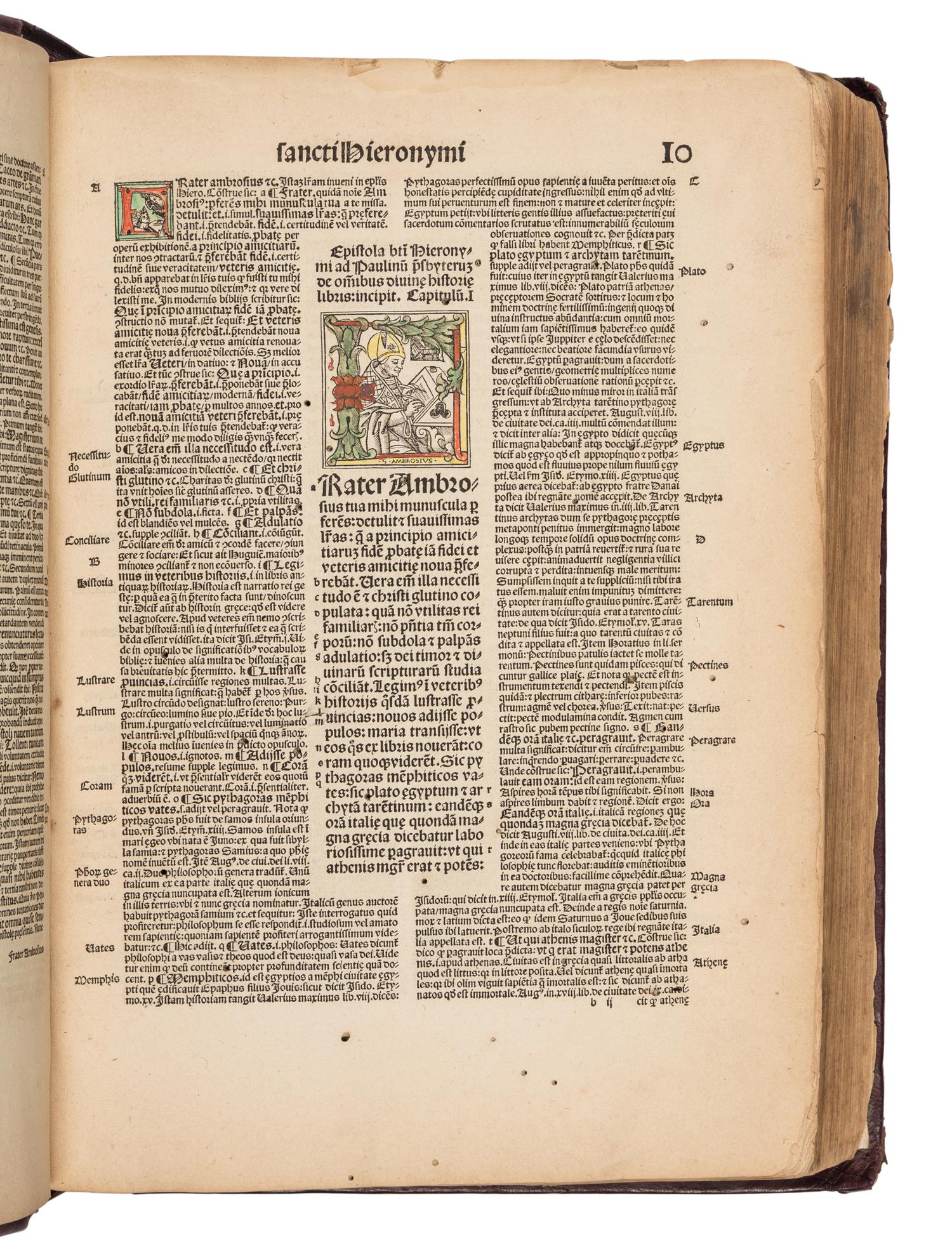 [BIBLE, in Latin]. Textus Biblie cum Glosa ordinaria, Nicolai de Lyra postilla, Moralitatibus eiusdem, Pauli Burgensis Additionibus, Matthie Thoring Replicis, edente P. Conrado Leontorio Mulbronnen . Basel: Jo. Froben and Adam Petri, 1506.