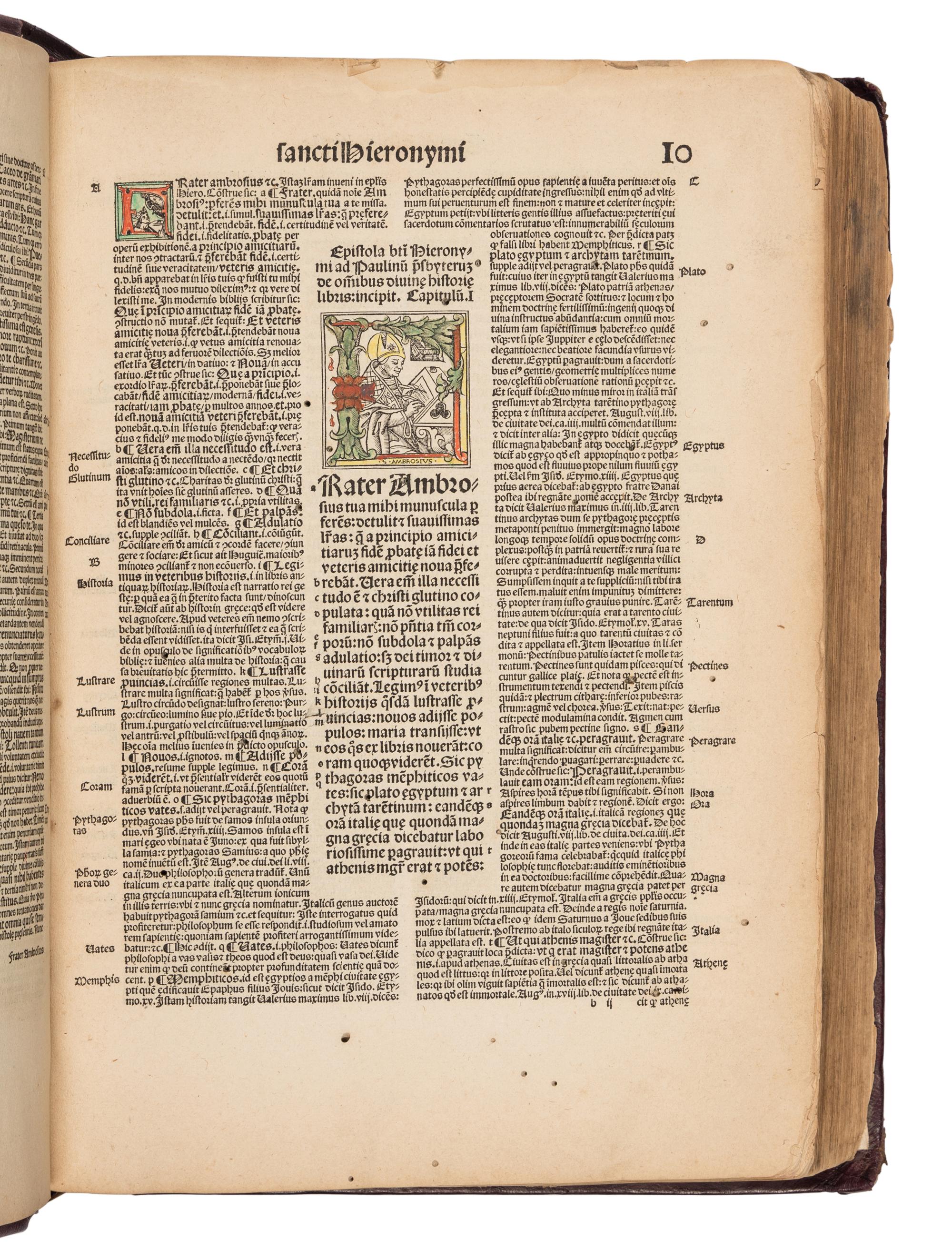 [BIBLE, in Latin]. Textus Biblie cum Glosa ordinaria, Nicolai de Lyra postilla, Moralitatibus eiusdem, Pauli Burgensis Additionibus, Matthie Thoring Replicis, edente P. Conrado Leontorio Mulbronnen . Basel: Jo. Froben and Adam Petri, 1506.
