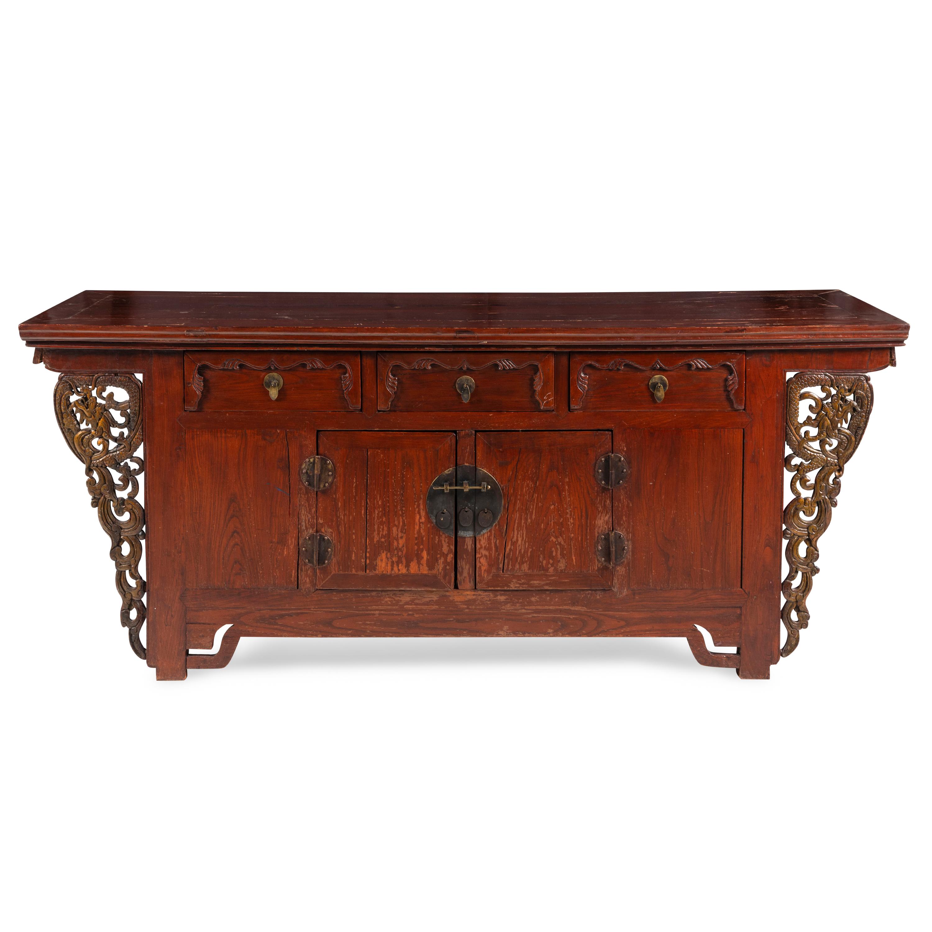 A Chinese Carved Hardwood Three-Drawer Altar Cabinet