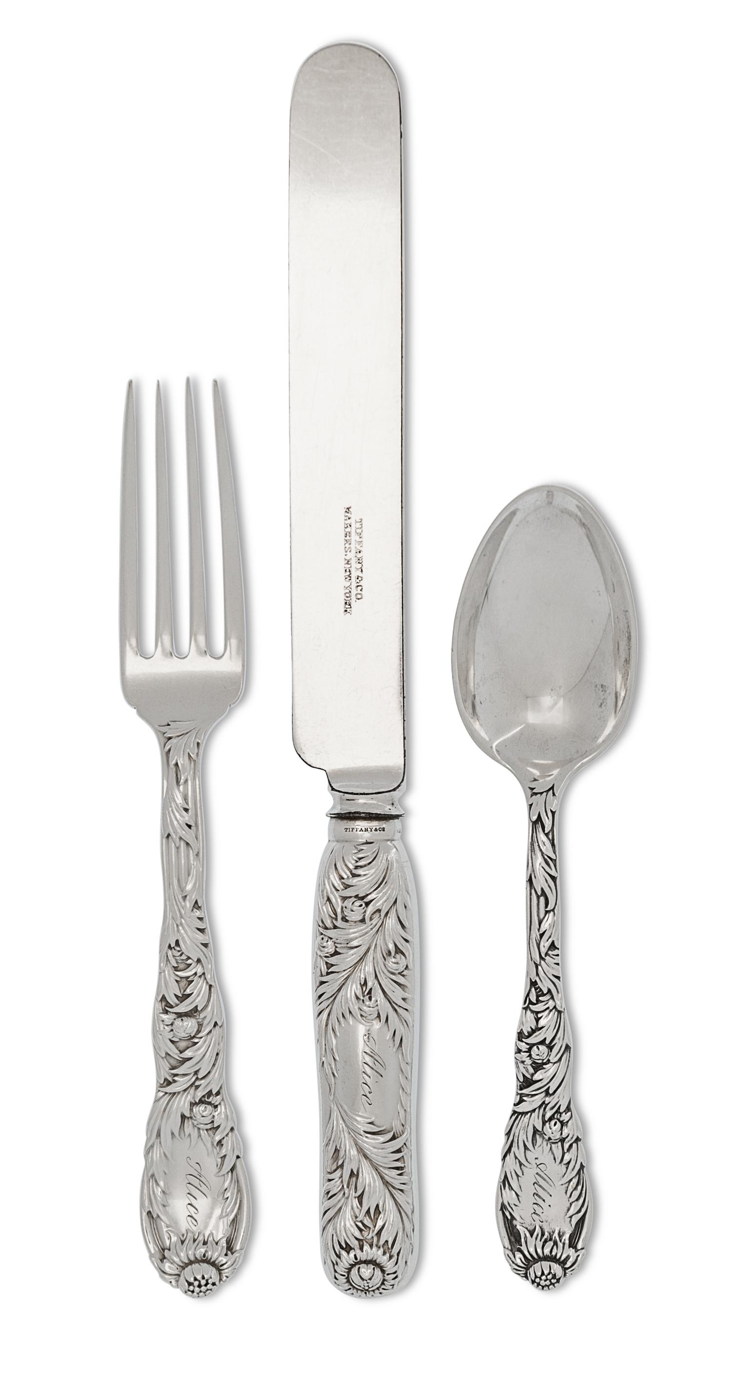An American Silver Flatware Service, Tiffany & Co., New York, NY, Circa 1885, Chrysanthemum pattern, engraved Alice, comprising: 2 dinn