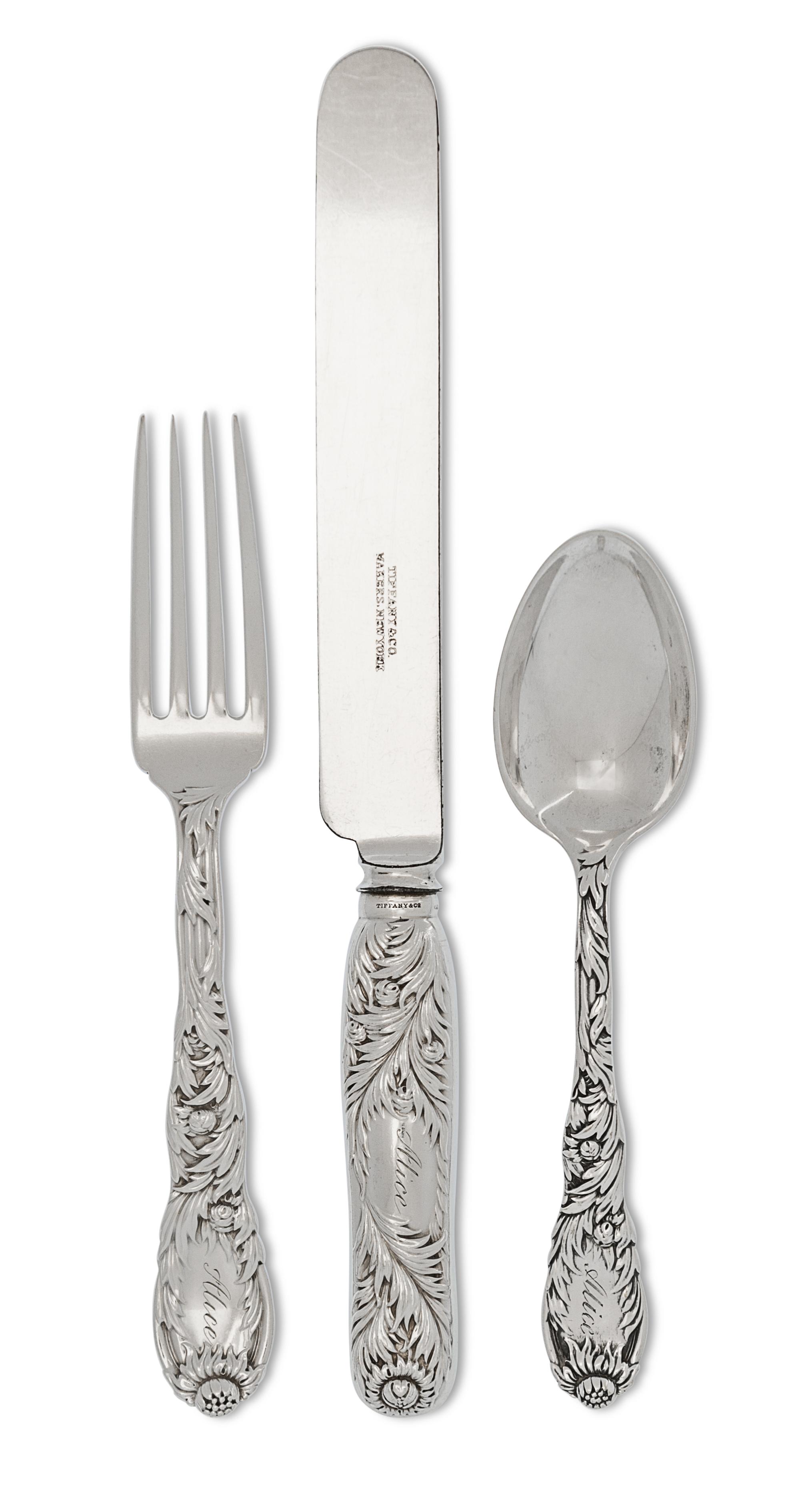 An American Silver Flatware Service, Tiffany & Co., New York, NY, Circa 1885, Chrysanthemum pattern, engraved Alice, comprising: 2 dinn