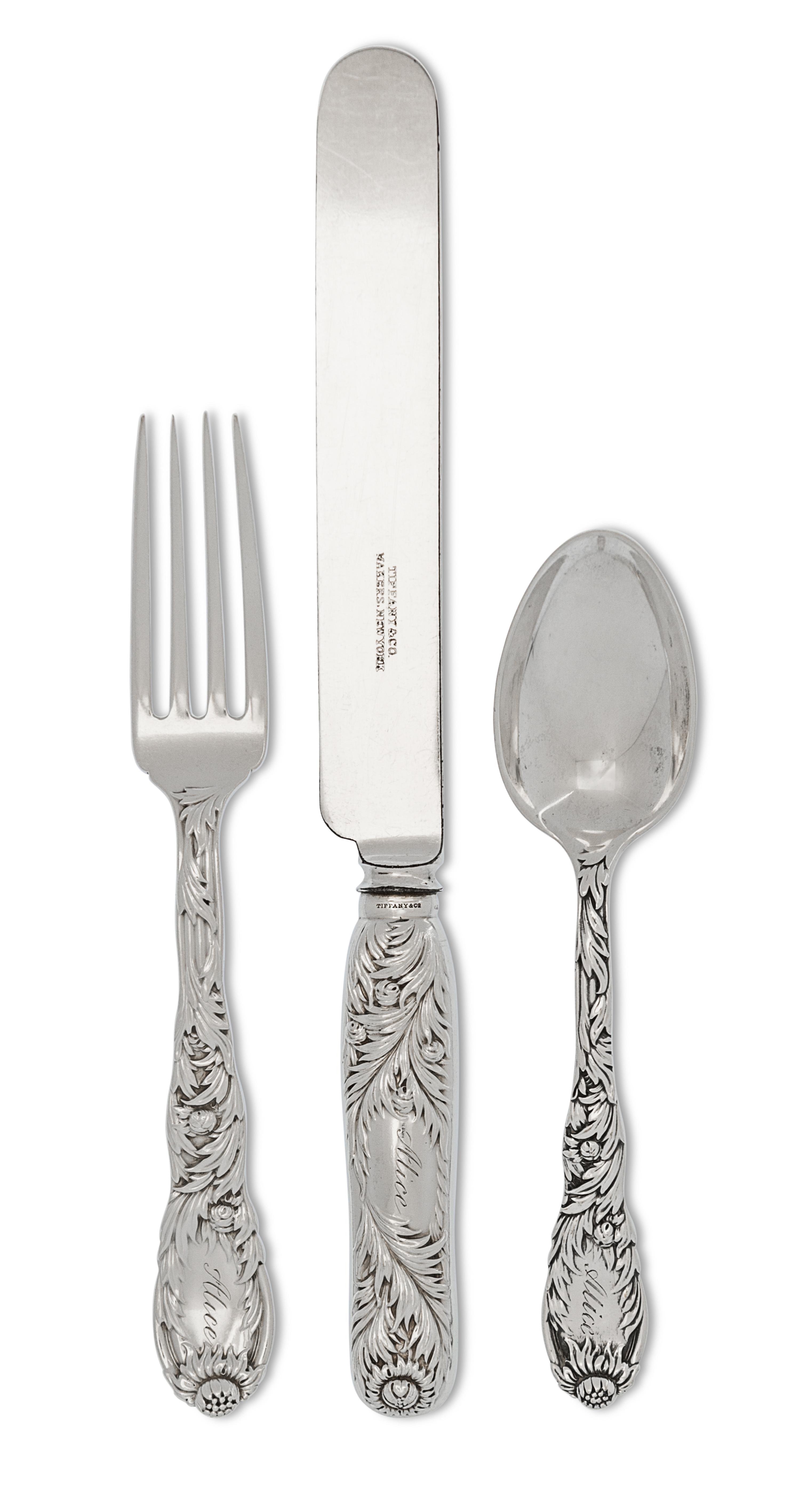 An American Silver Flatware Service, Tiffany & Co., New York, NY, Circa 1885, Chrysanthemum pattern, engraved Alice, comprising: 2 dinn