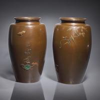 A Pair of Japanese Enameled and Mixed Metal-Inlaid Patinated Bronze Vases, Attributed to Saito, Meiji Period — 日本明治時期 高肉象嵌銅瓶一對