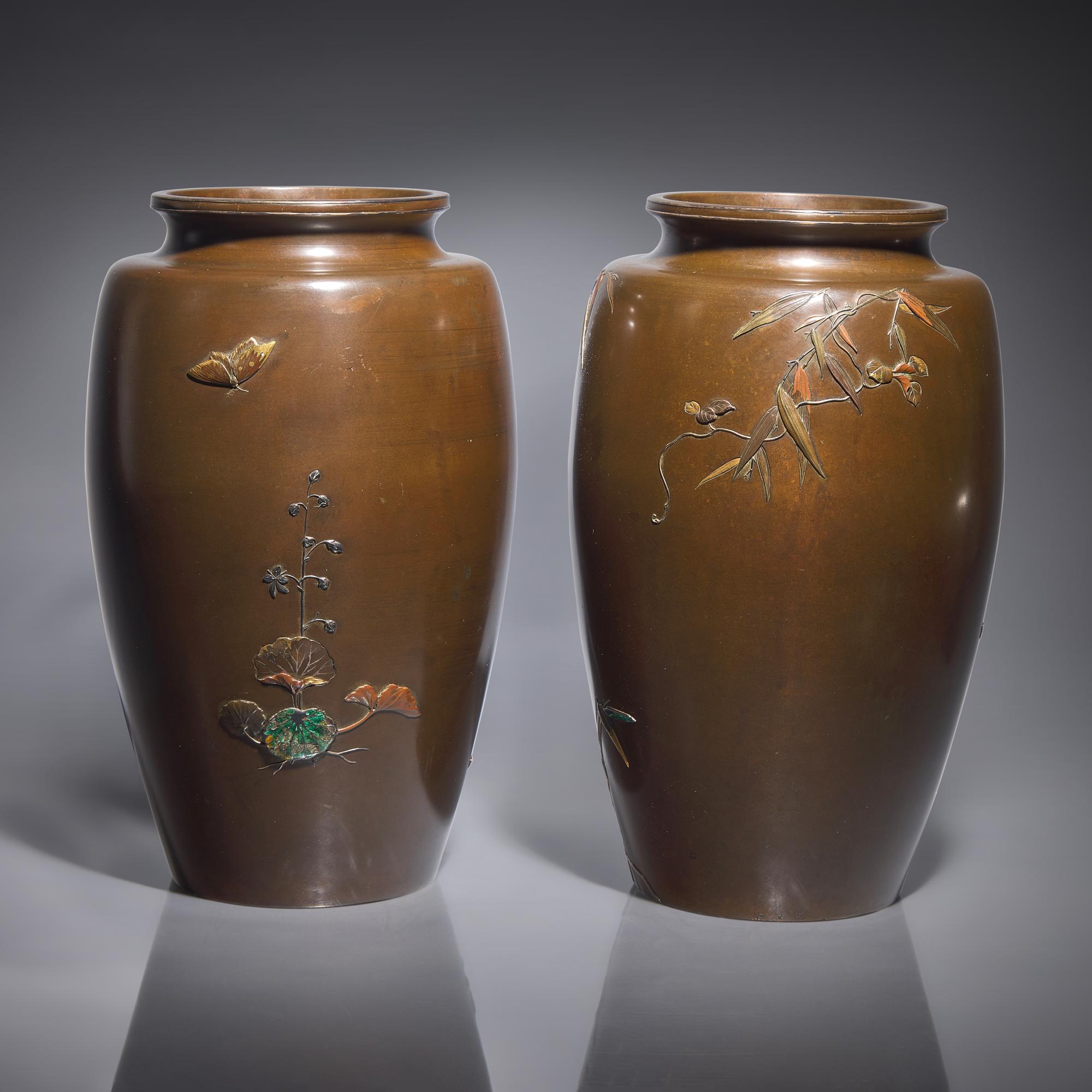 A Pair of Japanese Enameled and Mixed Metal-Inlaid Patinated Bronze Vases, Attributed to Saito, Meiji Period — 日本明治時期 高肉象嵌銅瓶一對