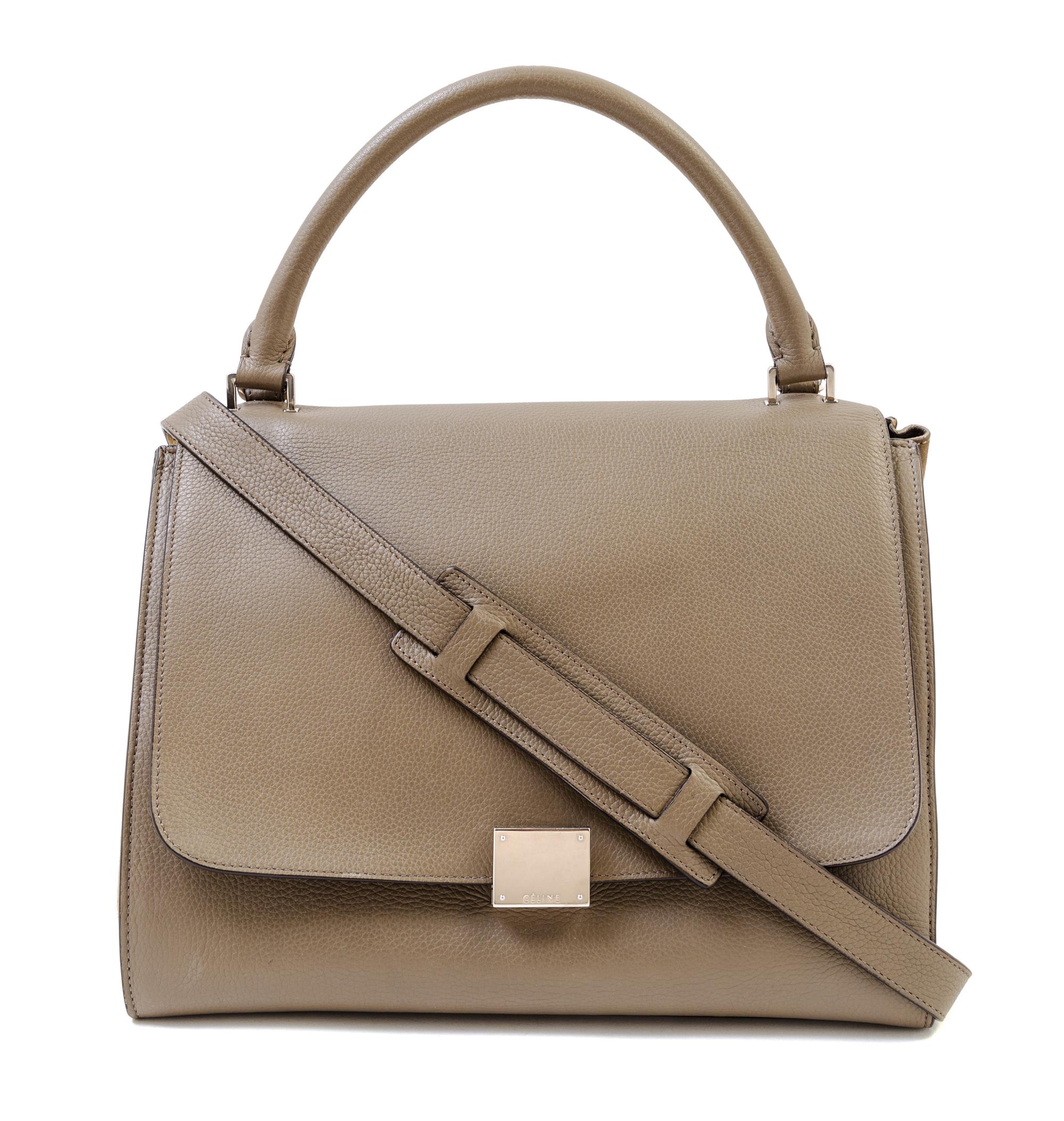 A Celine Taupe Leather and Suede Medium Trapeze Handbag, 11.5"- 20" L x 9" H x 7"- 9" W; Top handle: 4.5"; Strap drop: 15".