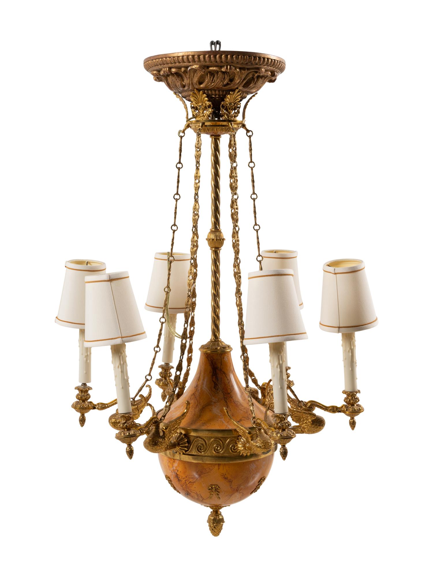 An Empire Style Gilt Metal and Simulated Marble Six-Light Chandelier