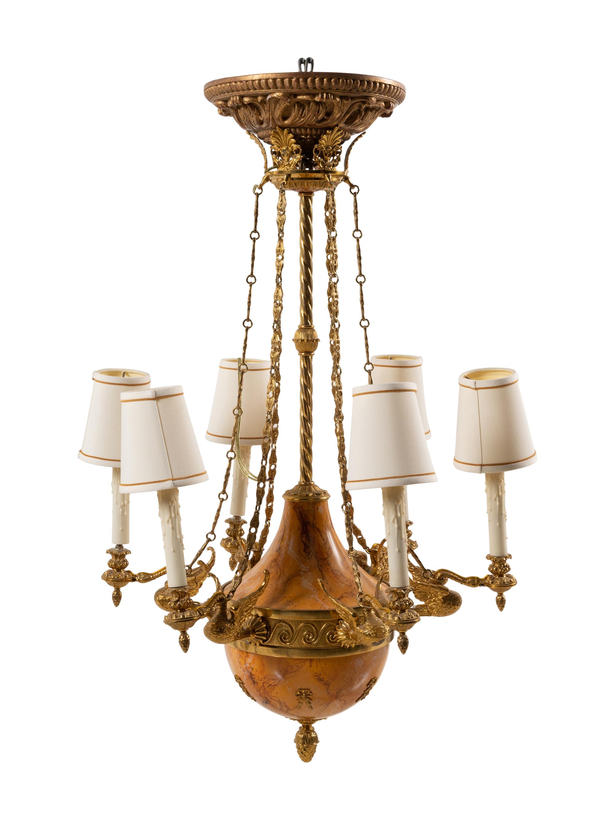 An Empire Style Gilt Metal and Simulated Marble Six-Light Chandelier