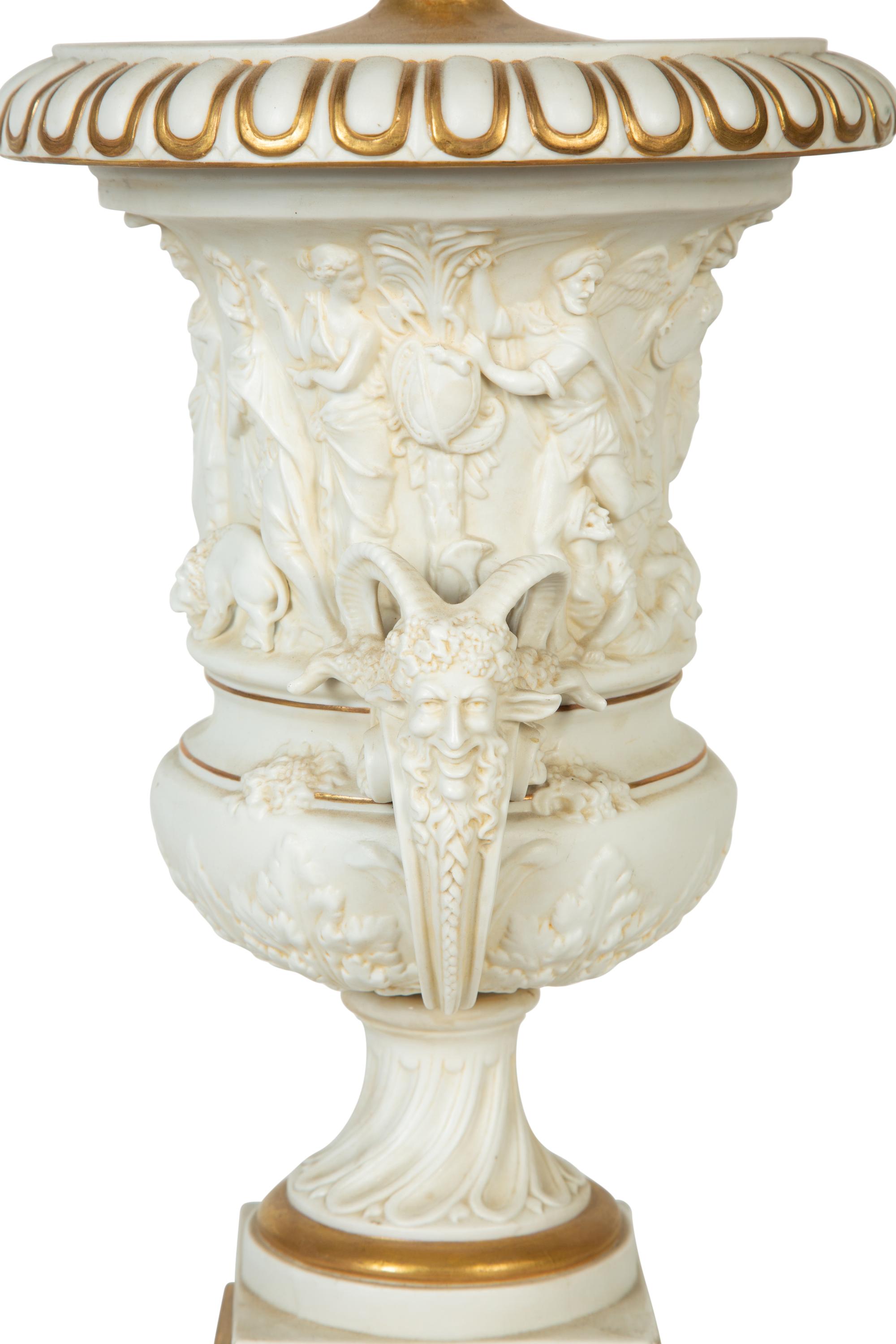 A Neoclassic Style Bisque Porcelain Urn Mounted as a Lamp